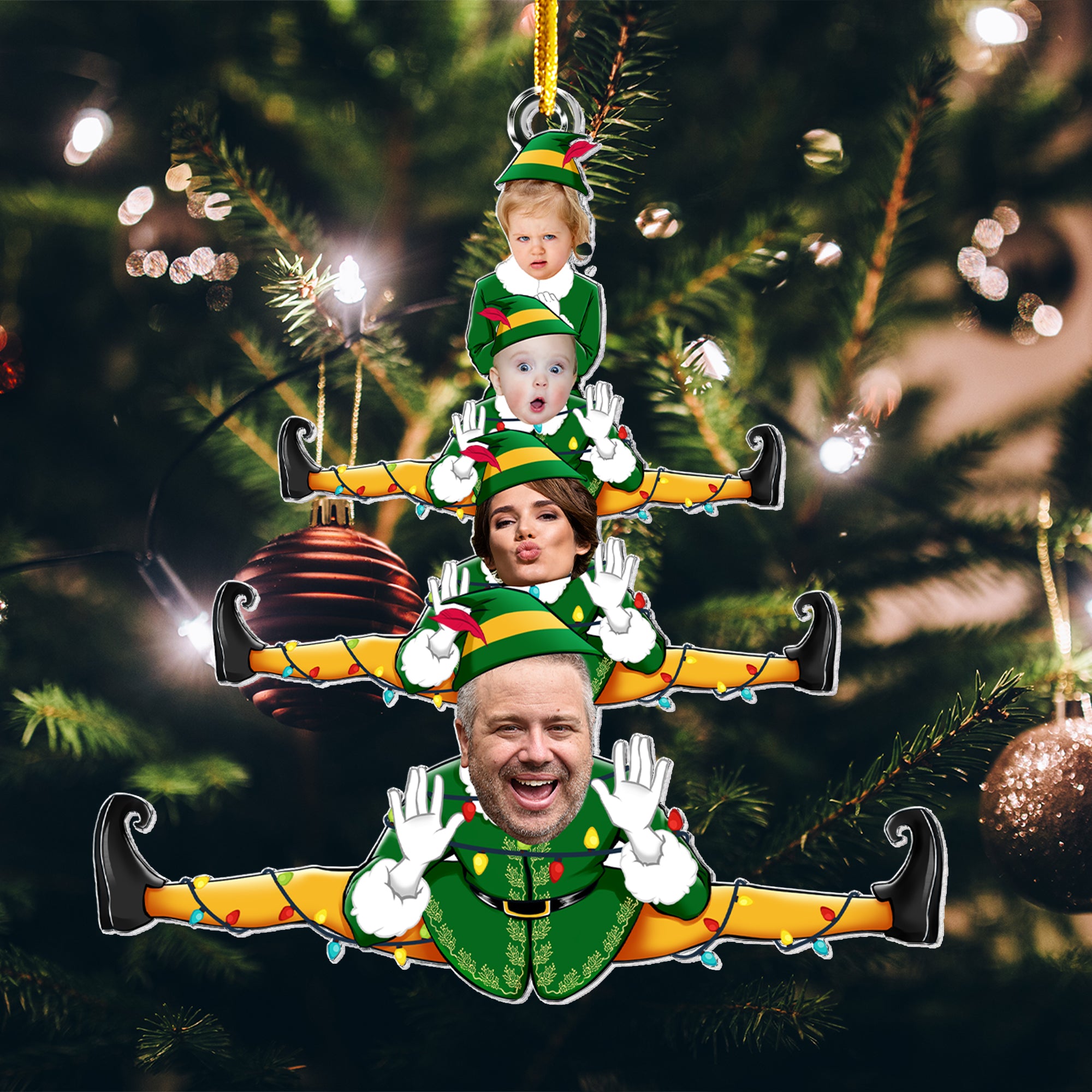 Custom Funny Elf Family Christmas Tree - Personalized Acrylic Photo Ornament