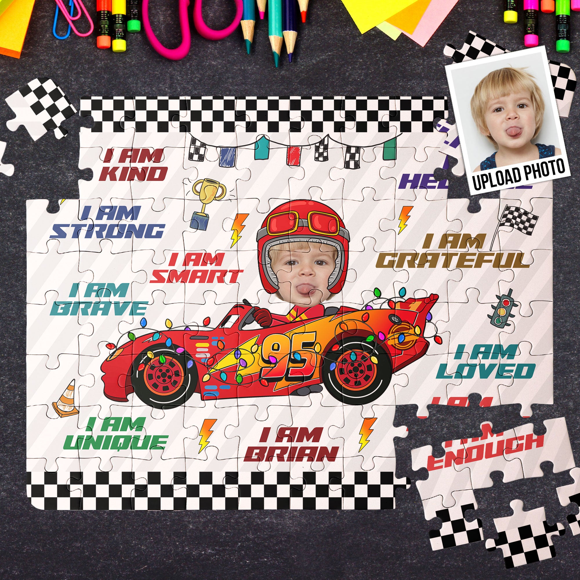 Custom Kid Face Car Toys Affirmation Gift - Personalized Photo Jigsaw Puzzle