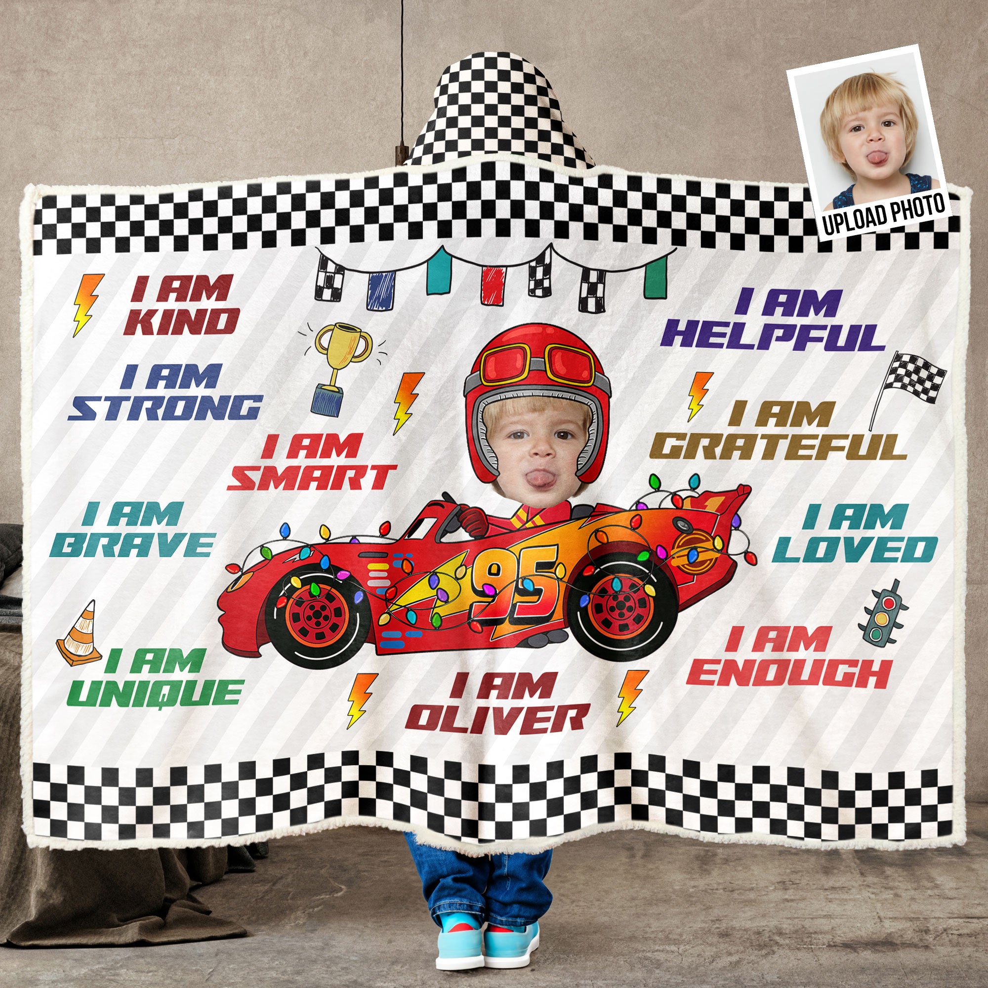 Custom Kid Face Car Toys Affirmation Gift - Personalized Photo Wearable Blanket Hoodie