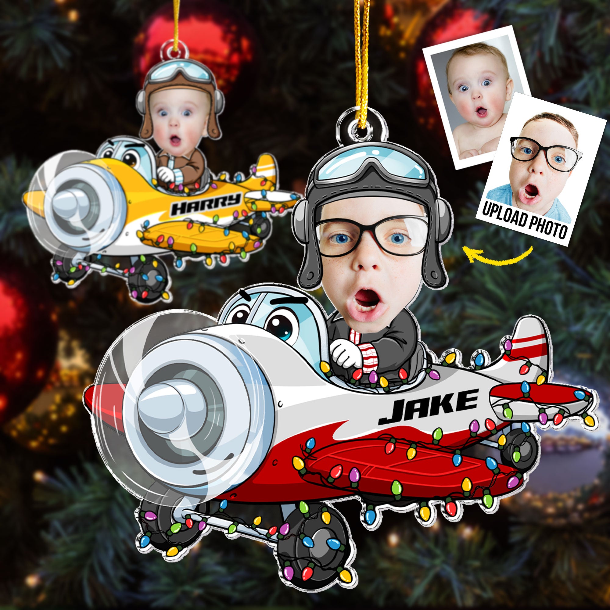 Custom Kid Face Cartoon Airplane - Personalized Acrylic Photo Ornament