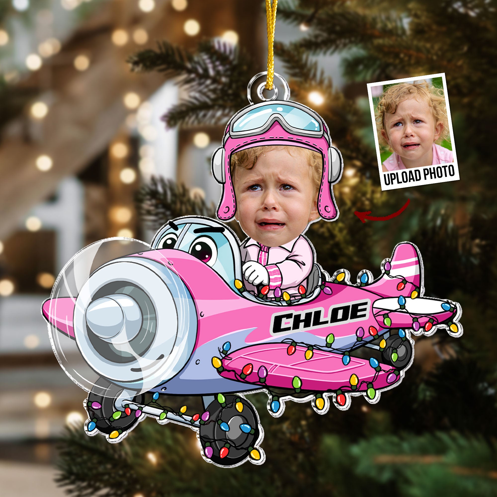 Custom Kid Face Cartoon Airplane - Personalized Acrylic Photo Ornament