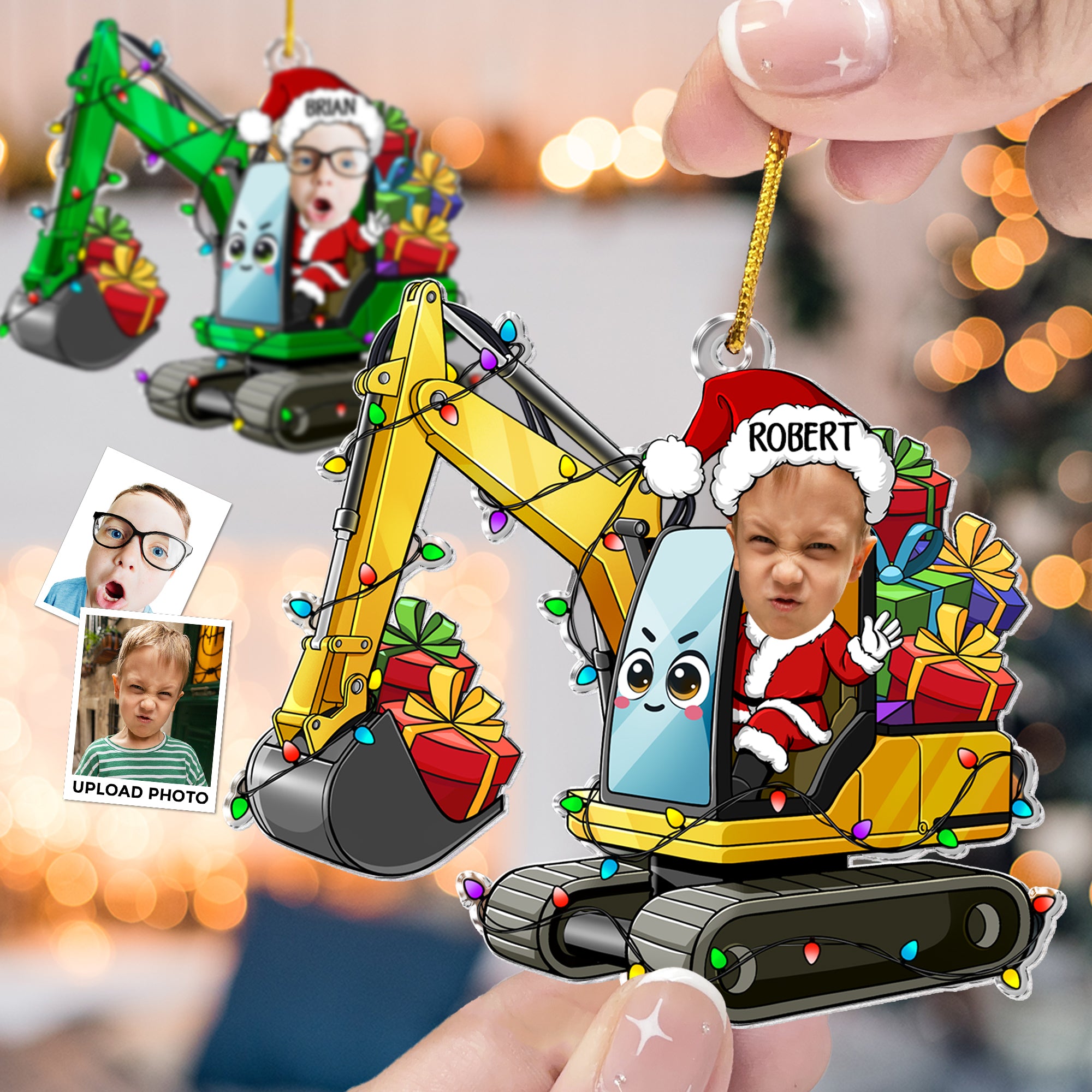 Custom Kid Face Cartoon Excavator - Personalized Acrylic Photo Ornament