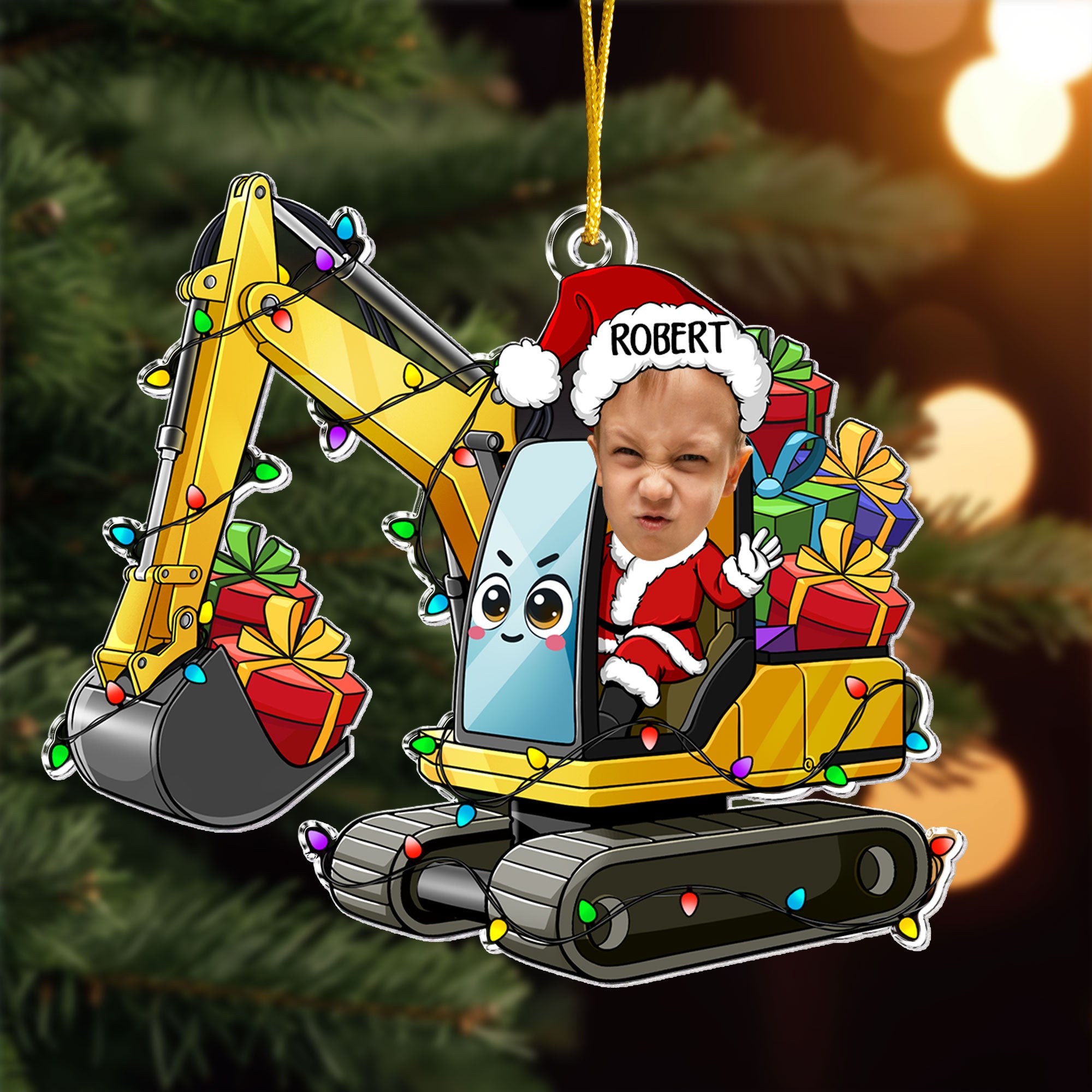 Custom Kid Face Cartoon Excavator - Personalized Acrylic Photo Ornament