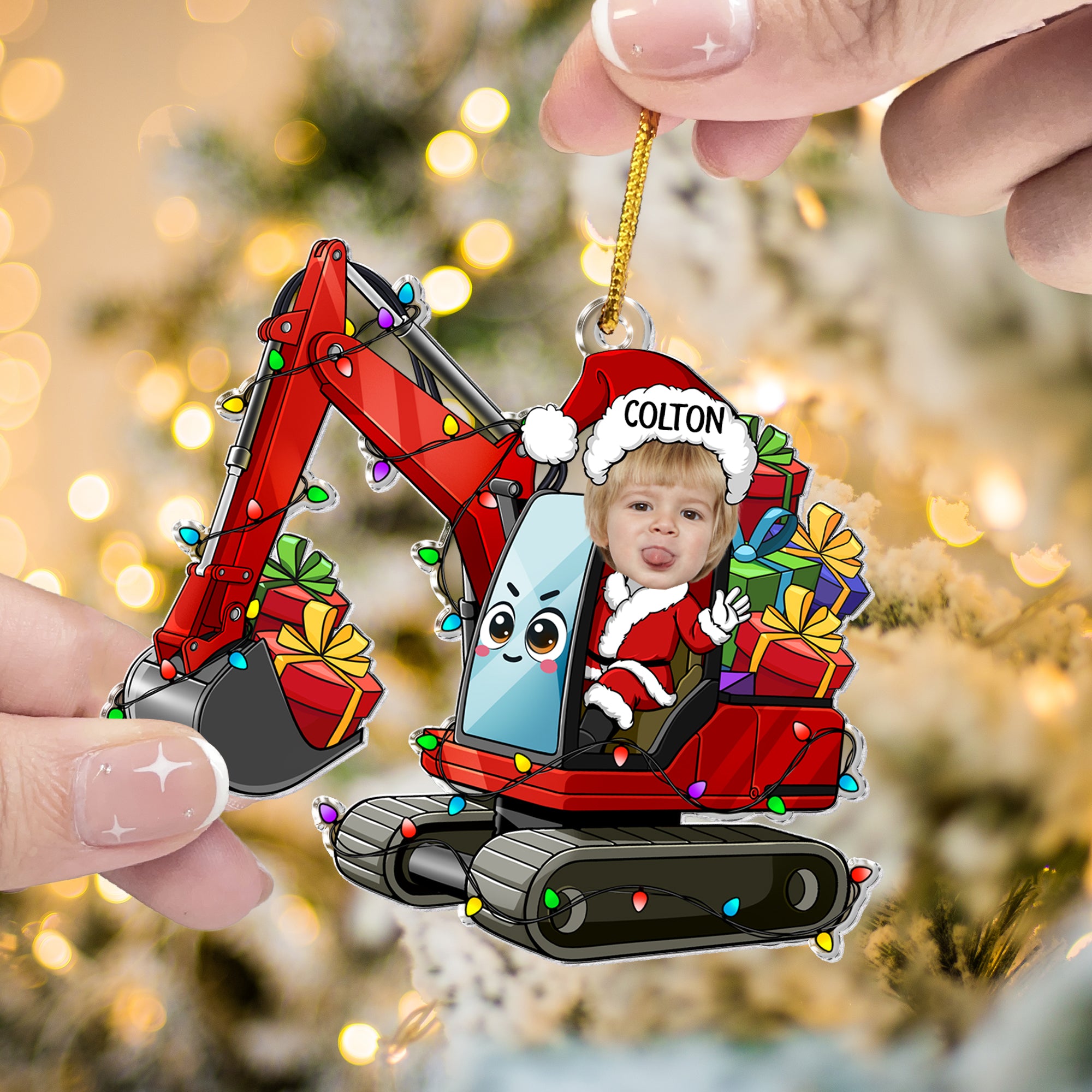 Custom Kid Face Cartoon Excavator - Personalized Acrylic Photo Ornament