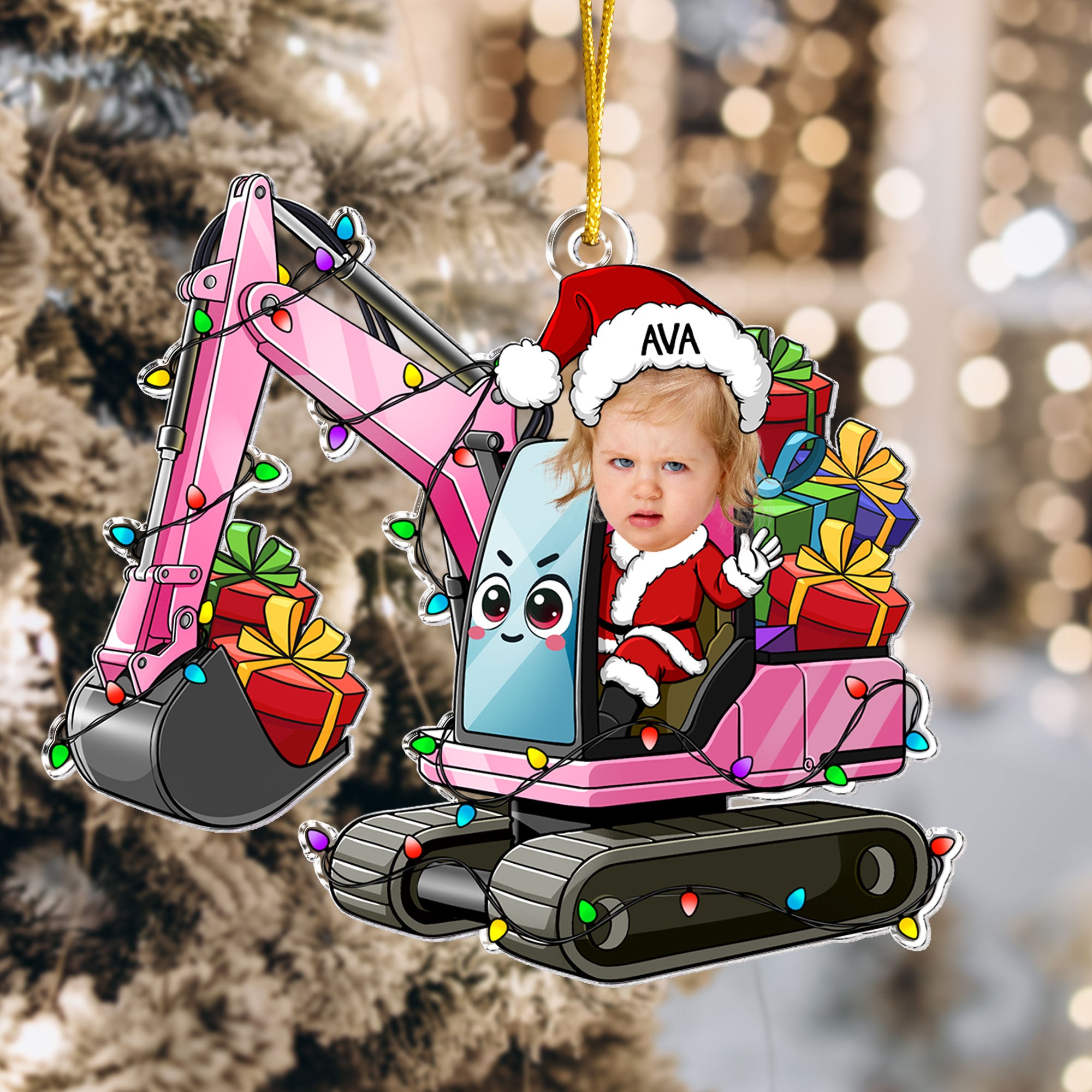 Custom Kid Face Cartoon Excavator - Personalized Acrylic Photo Ornament