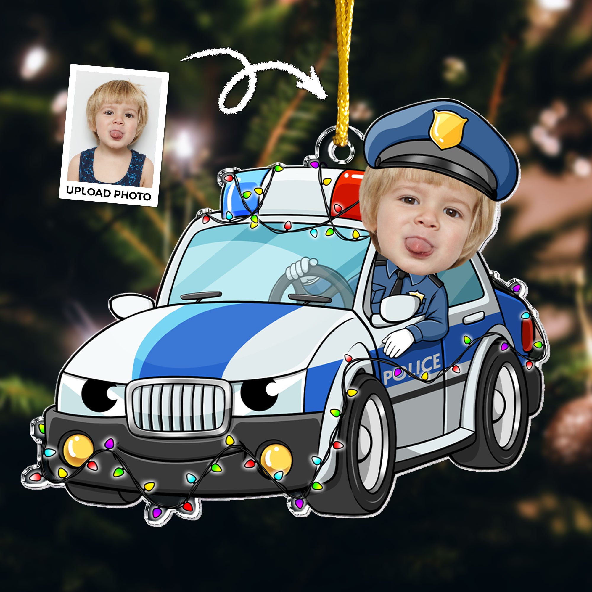 Custom Kid Face Police Car Cartoon - Personalized Acrylic Photo Ornament