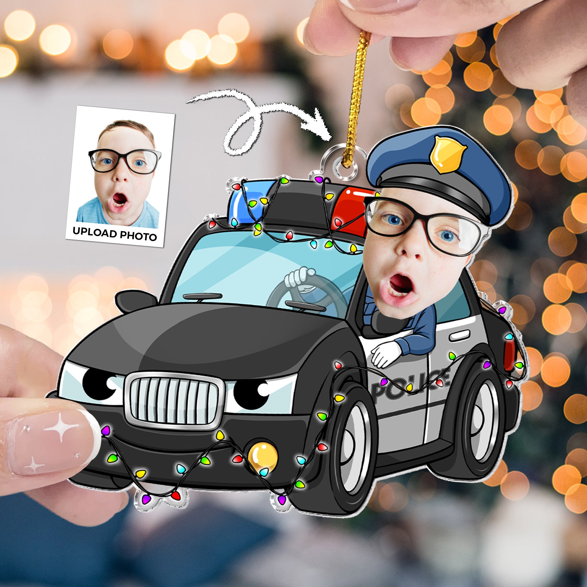 Custom Kid Face Police Car Cartoon - Personalized Acrylic Photo Ornament