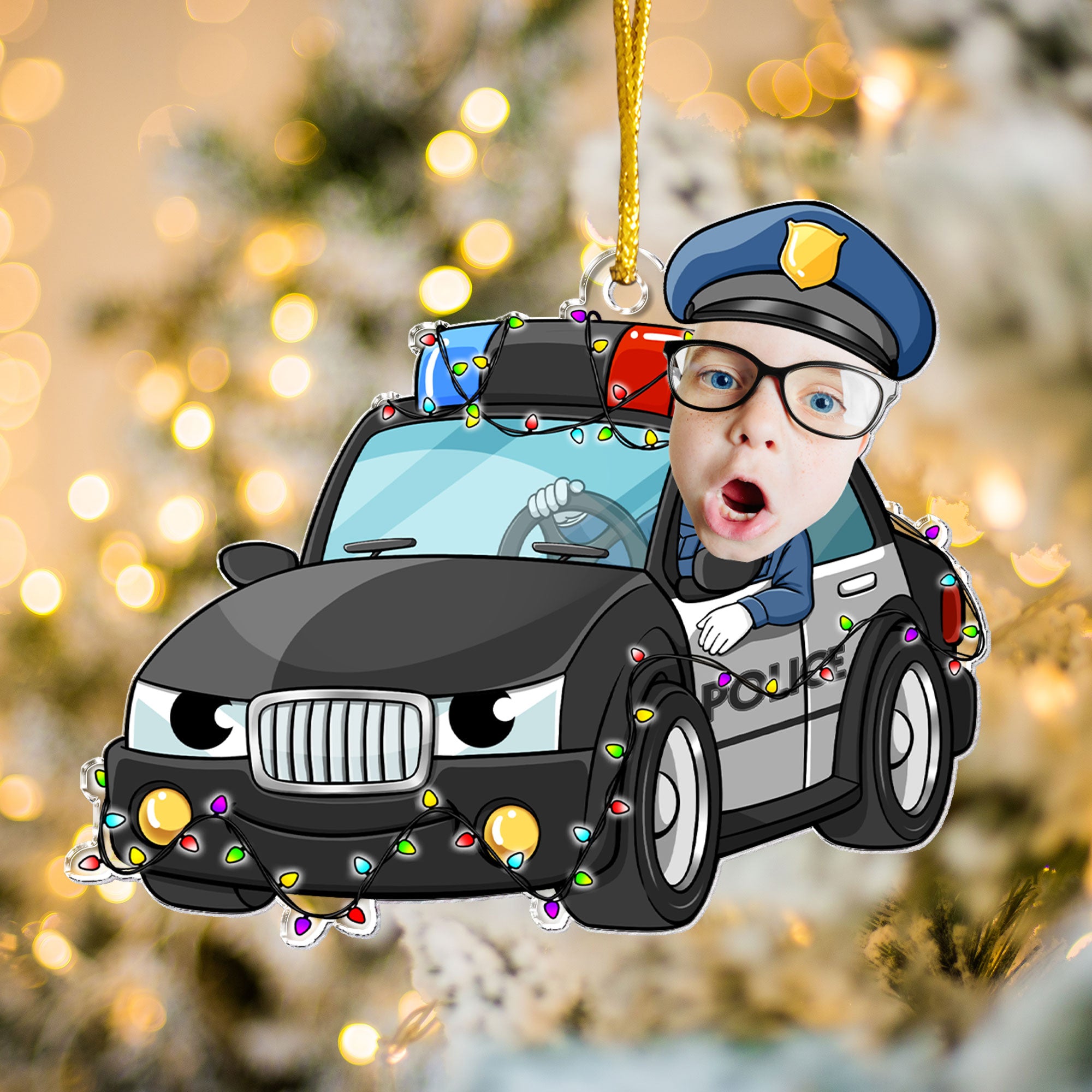 Custom Kid Face Police Car Cartoon - Personalized Acrylic Photo Ornament