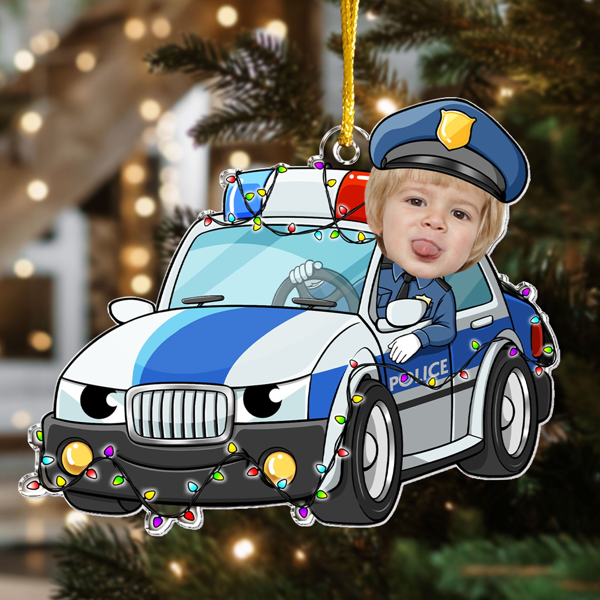 Custom Kid Face Police Car Cartoon - Personalized Acrylic Photo Ornament