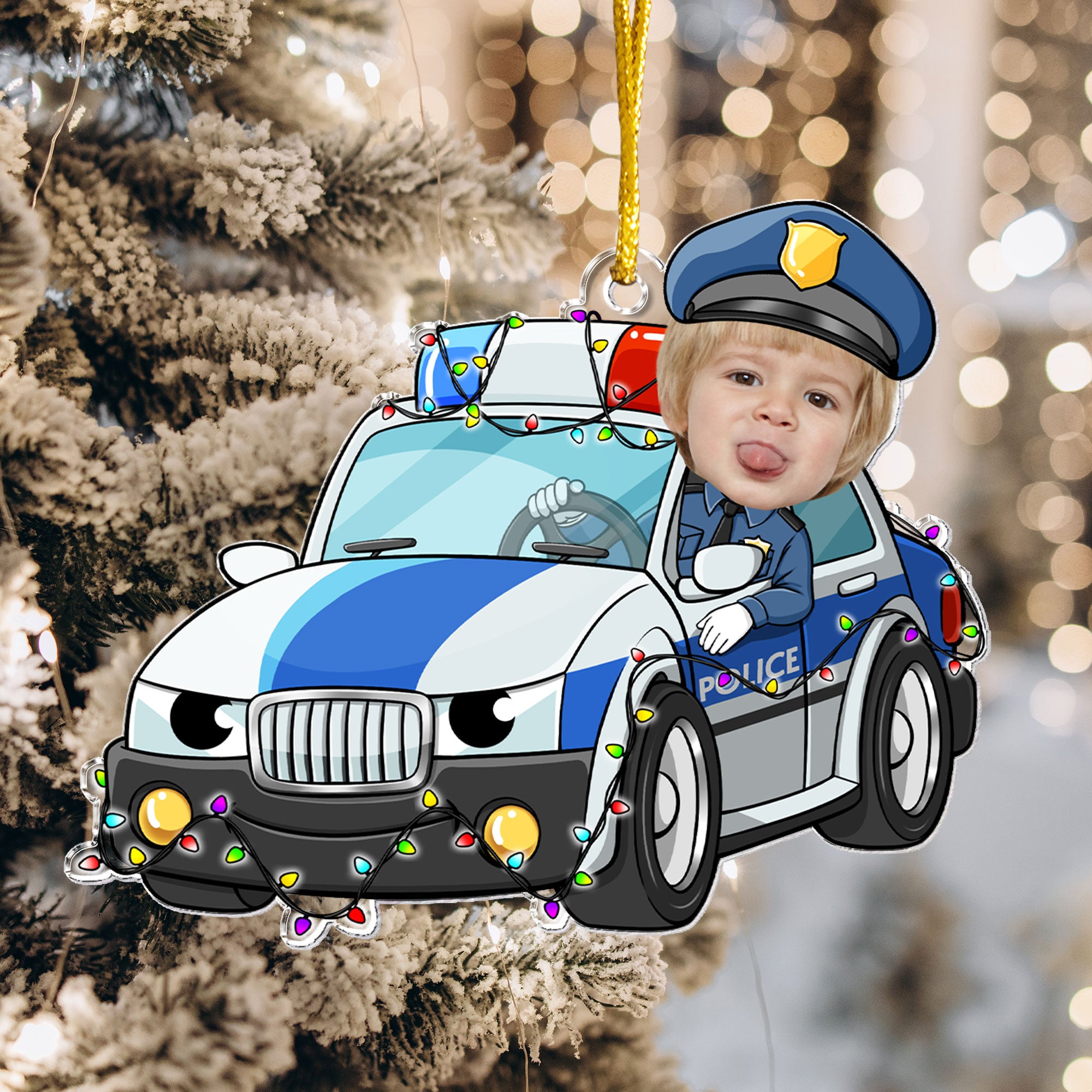 Custom Kid Face Police Car Cartoon - Personalized Acrylic Photo Ornament