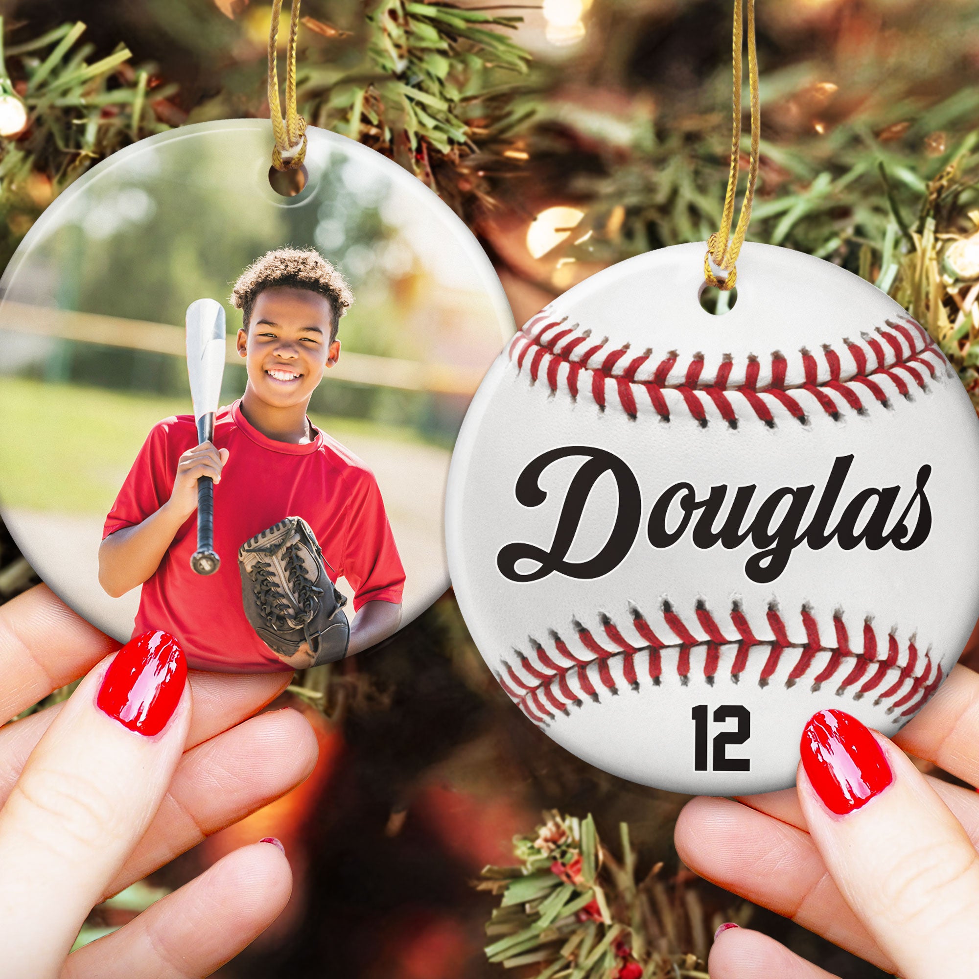 Custom Kid Photo And Sport Ornament - Personalized Two-Sided Ceramic Photo Ornament