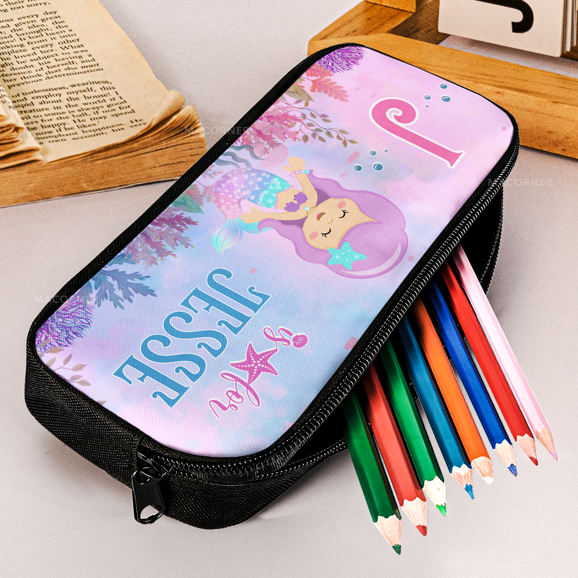 Custom Kids Name With Cute Mermaid Pattern - Personalized Pencil Case