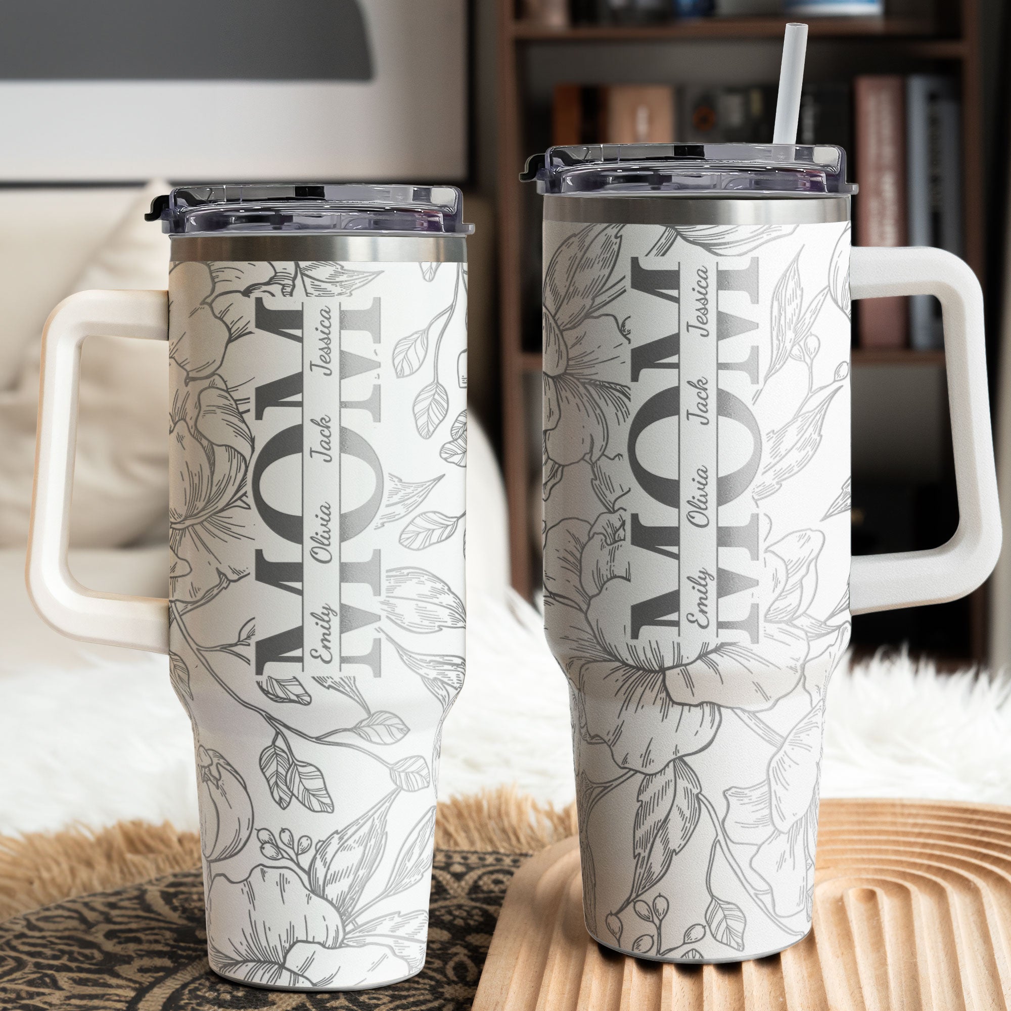 Custom Kids' Names - Floral Mom Mother's Day Gifts - Personalized Engraved 40oz Tumbler