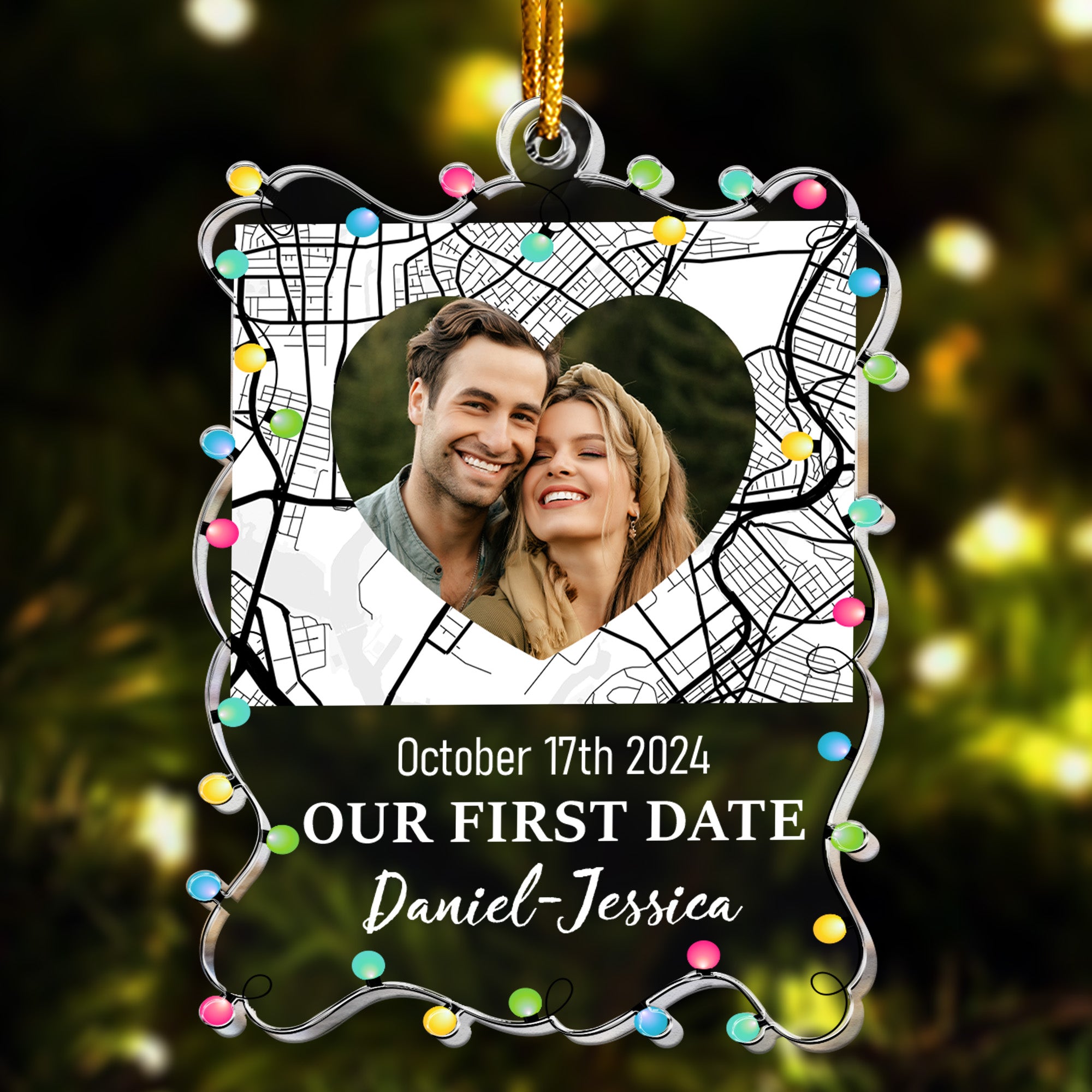 Custom Location Map Couple Our First Date - Personalized Acrylic Photo Ornament