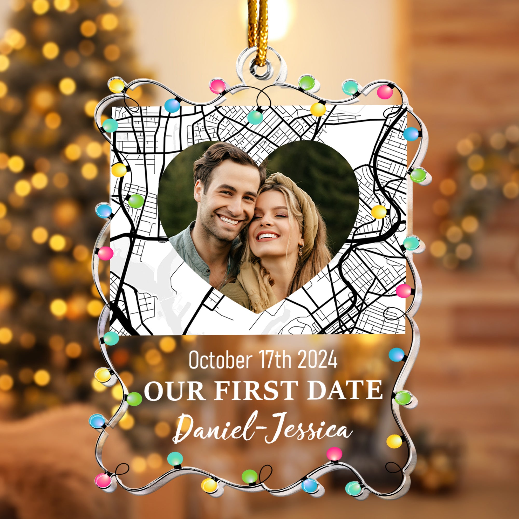 Custom Location Map Couple Our First Date - Personalized Acrylic Photo Ornament