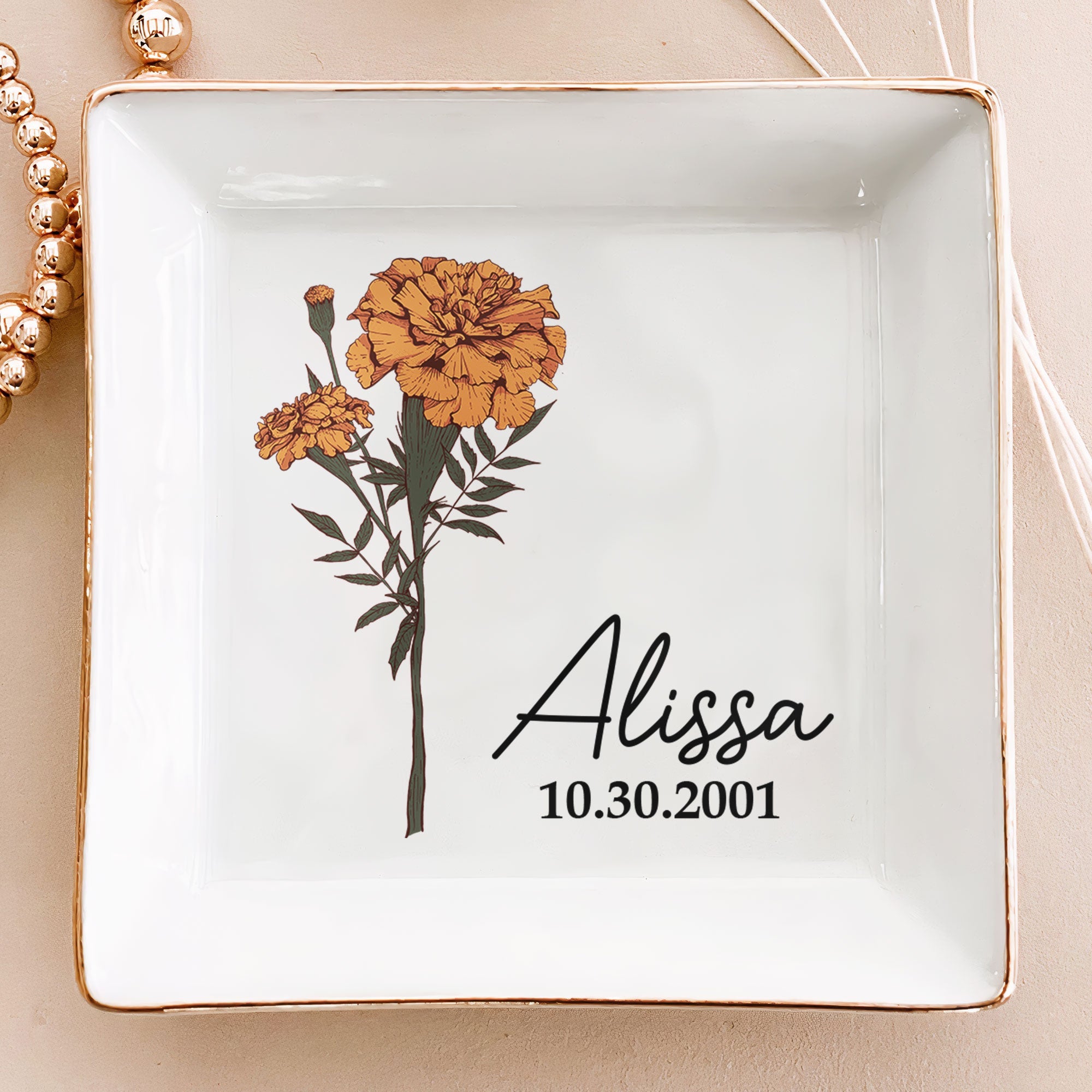 Custom Name And Birth Flower - Personalized Jewelry Dish