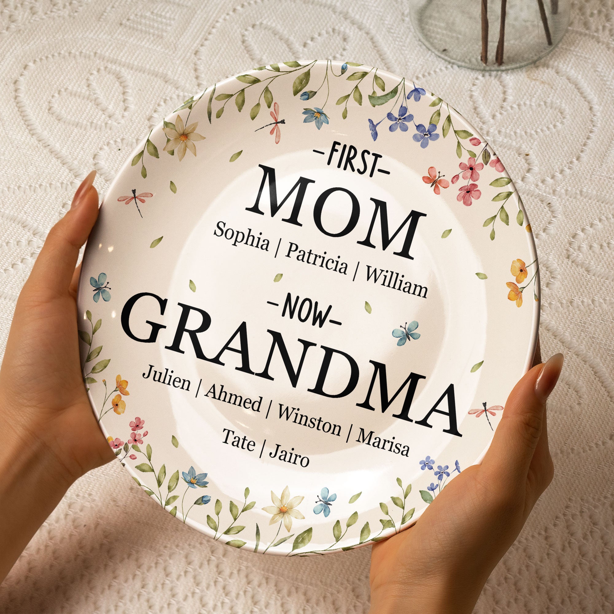 Custom Name First Mom Now Grandma - Personalized Ceramic Plate