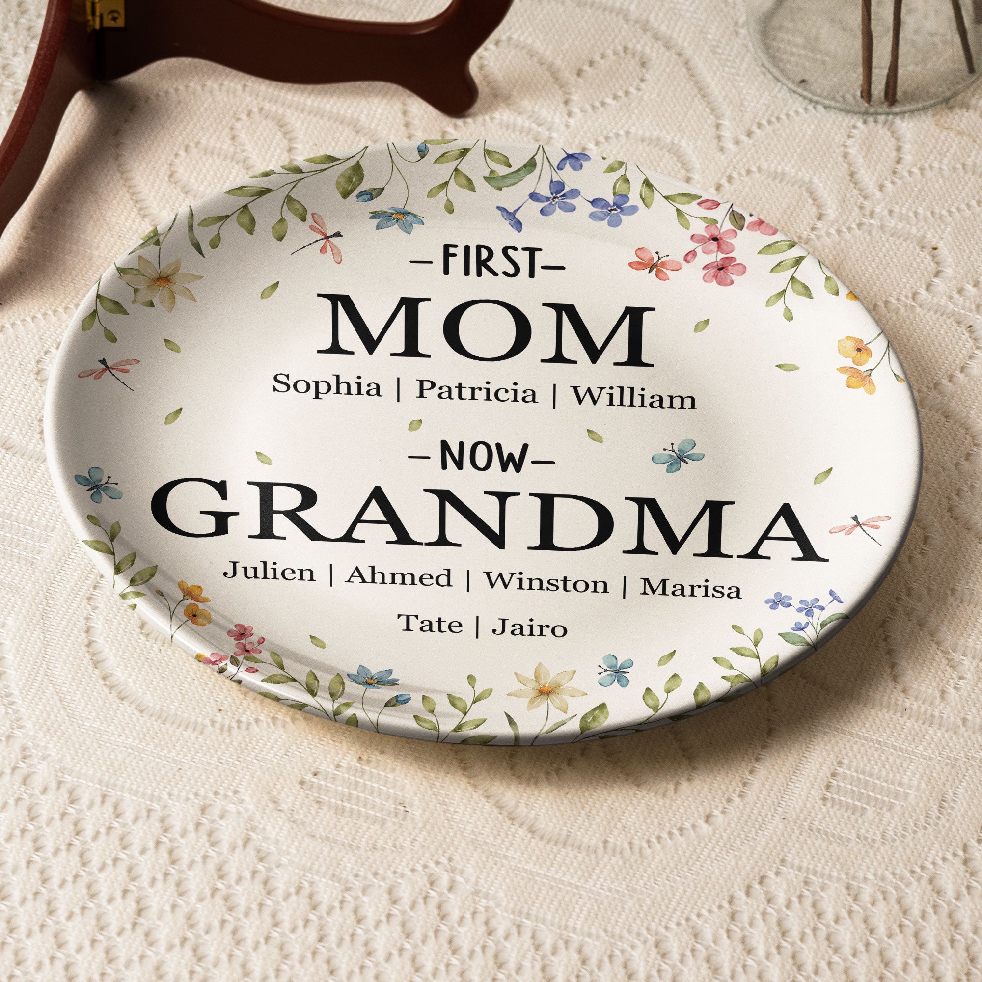 Custom Name First Mom Now Grandma - Personalized Ceramic Plate