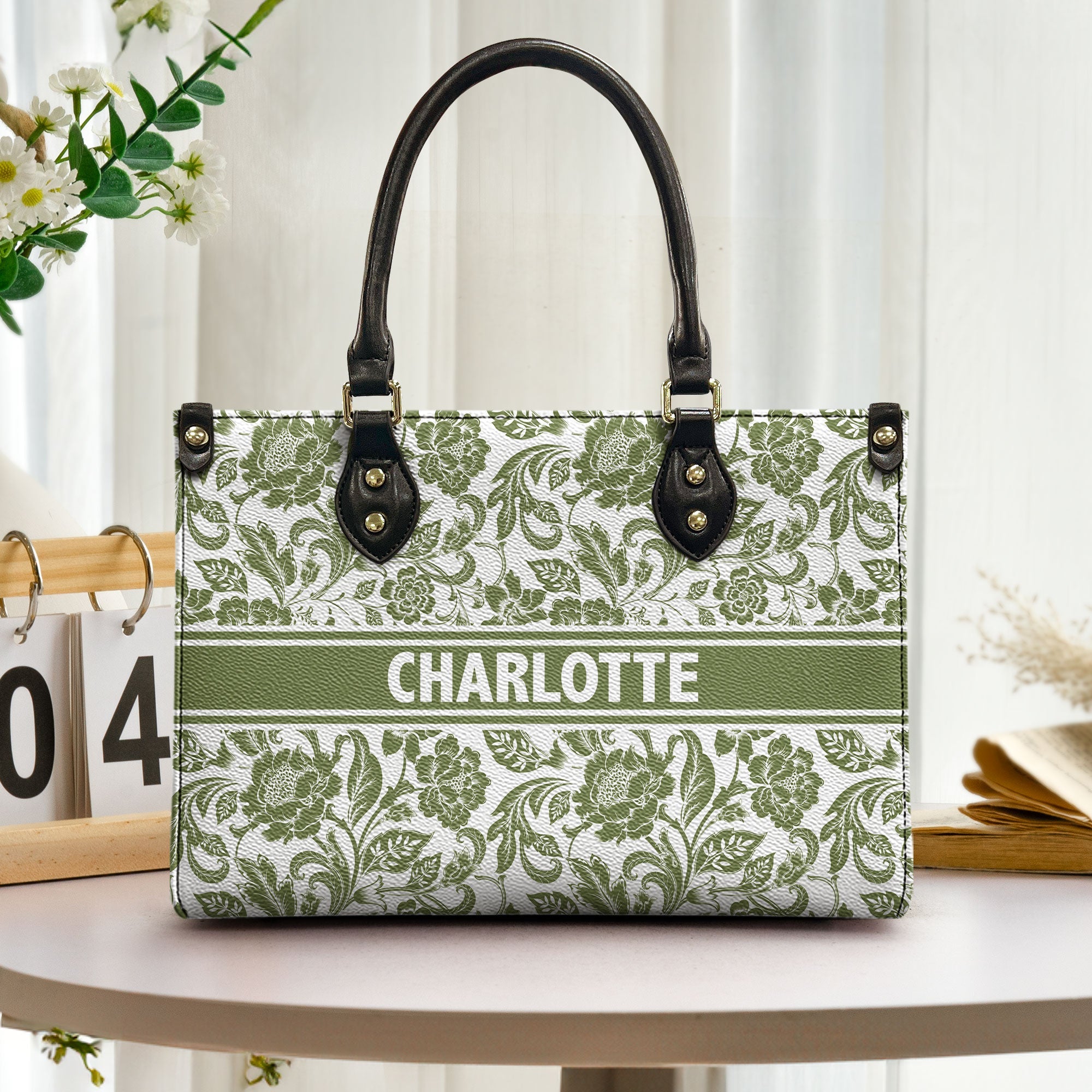 Custom Name Floral Pattern - Personalized Leather Bag