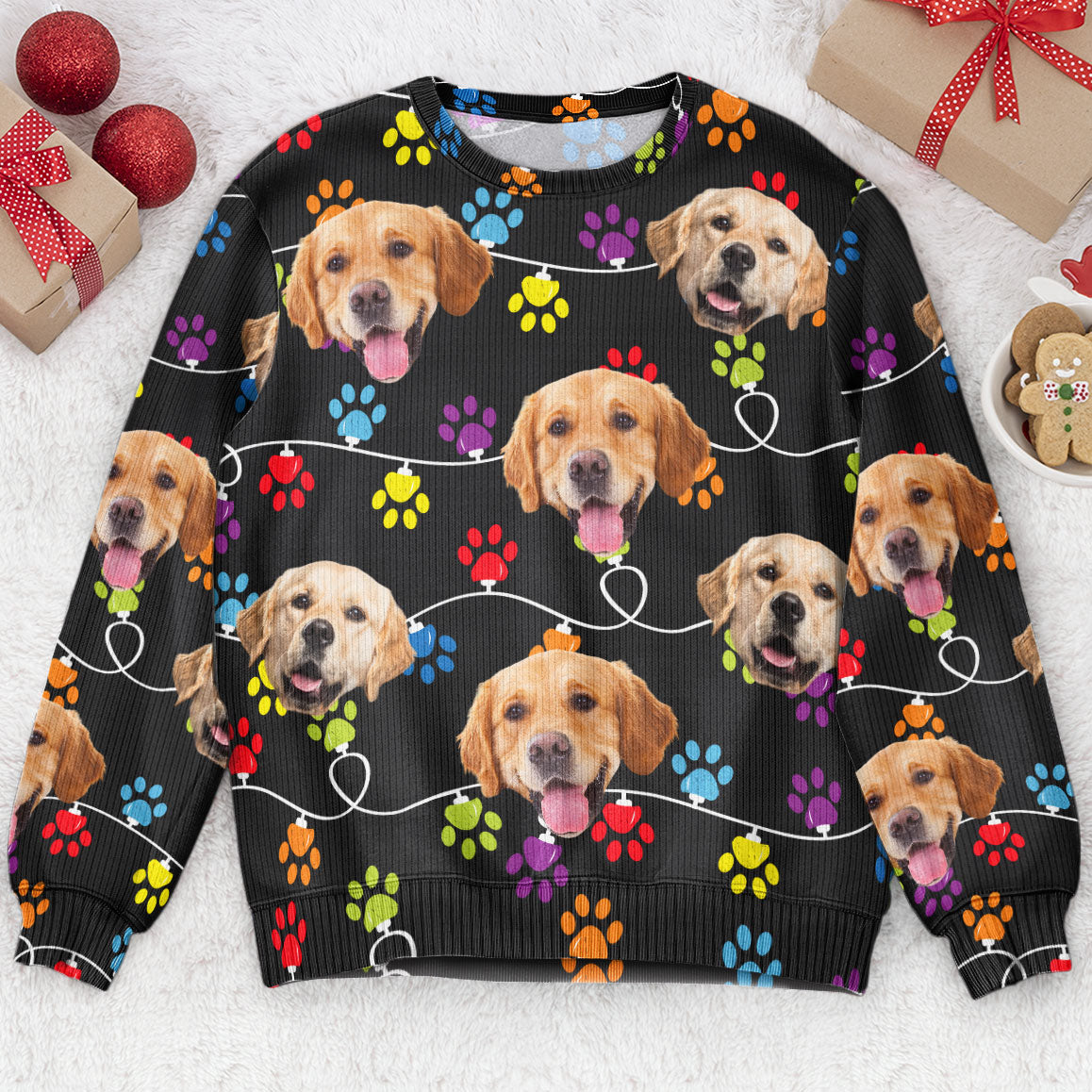 Custom Pet Photo Paw Light - Personalized Photo Ugly Sweater