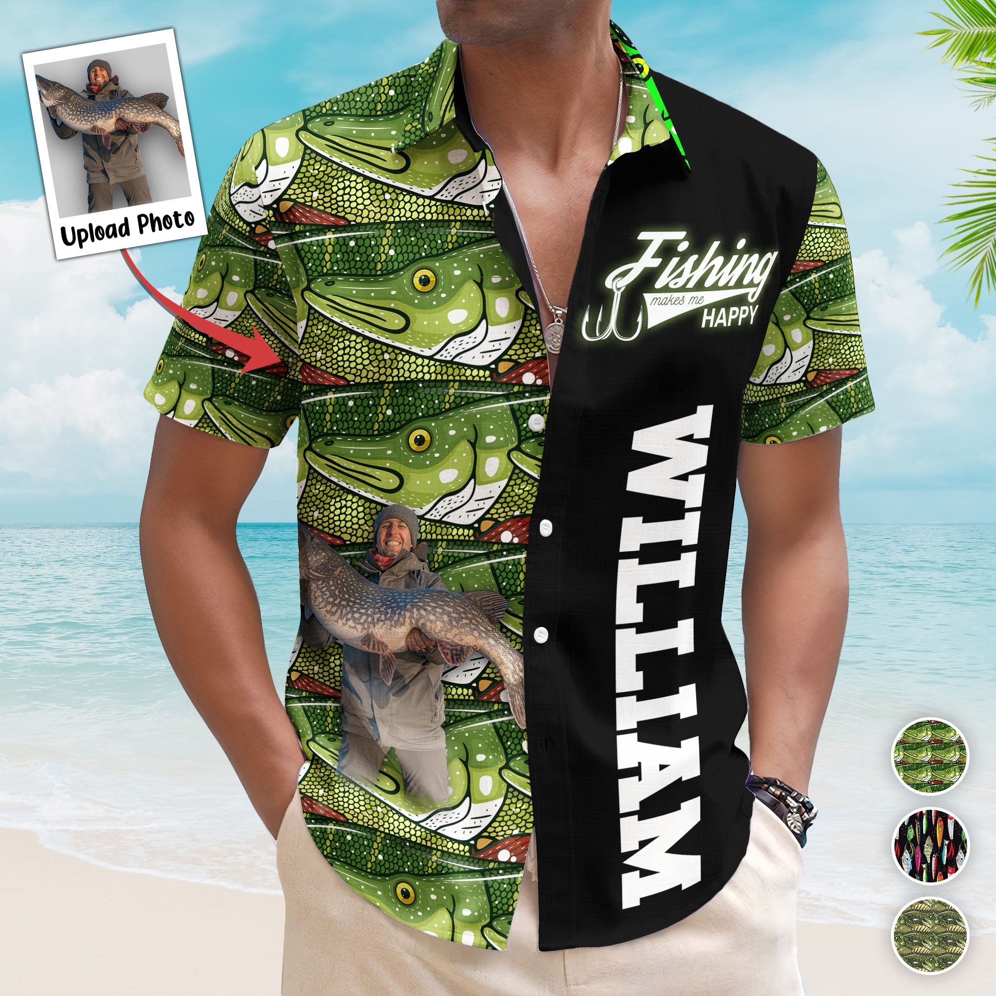 Custom Photo Bass Fish Fishing Makes Me Happy - Custom Photo Hawaiian Shirt