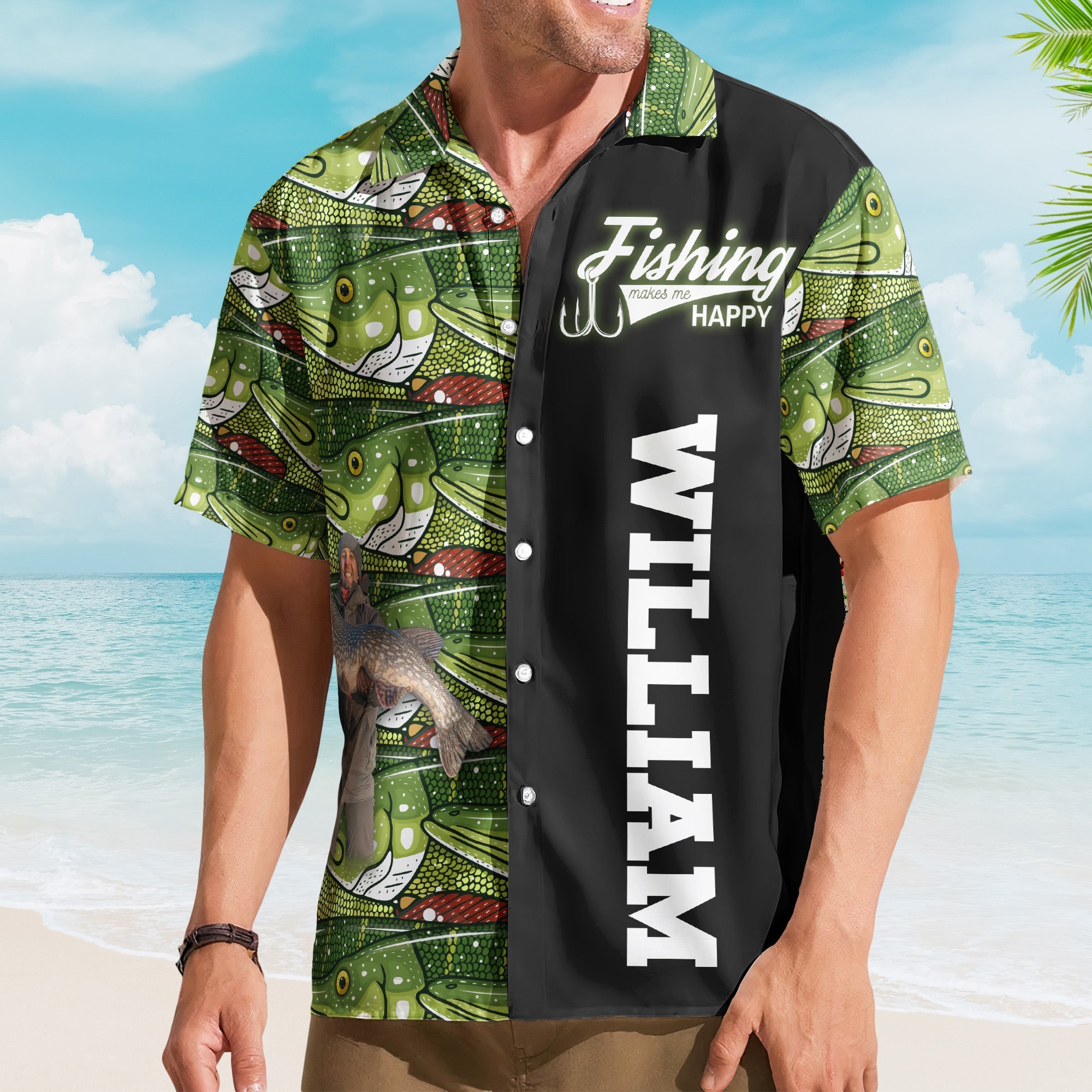 Custom Photo Bass Fish Fishing Makes Me Happy - Custom Photo Hawaiian Shirt