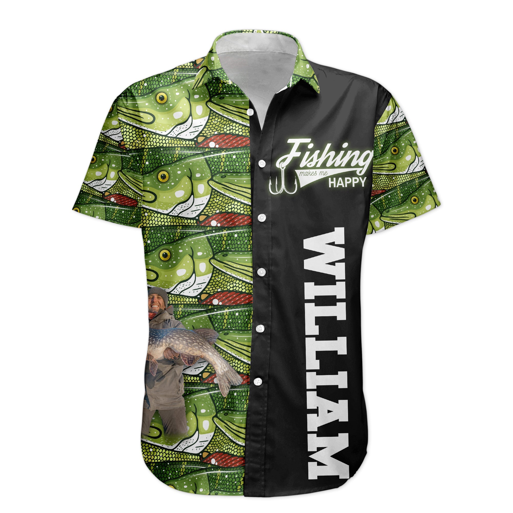 Custom Photo Bass Fish Fishing Makes Me Happy - Custom Photo Hawaiian Shirt