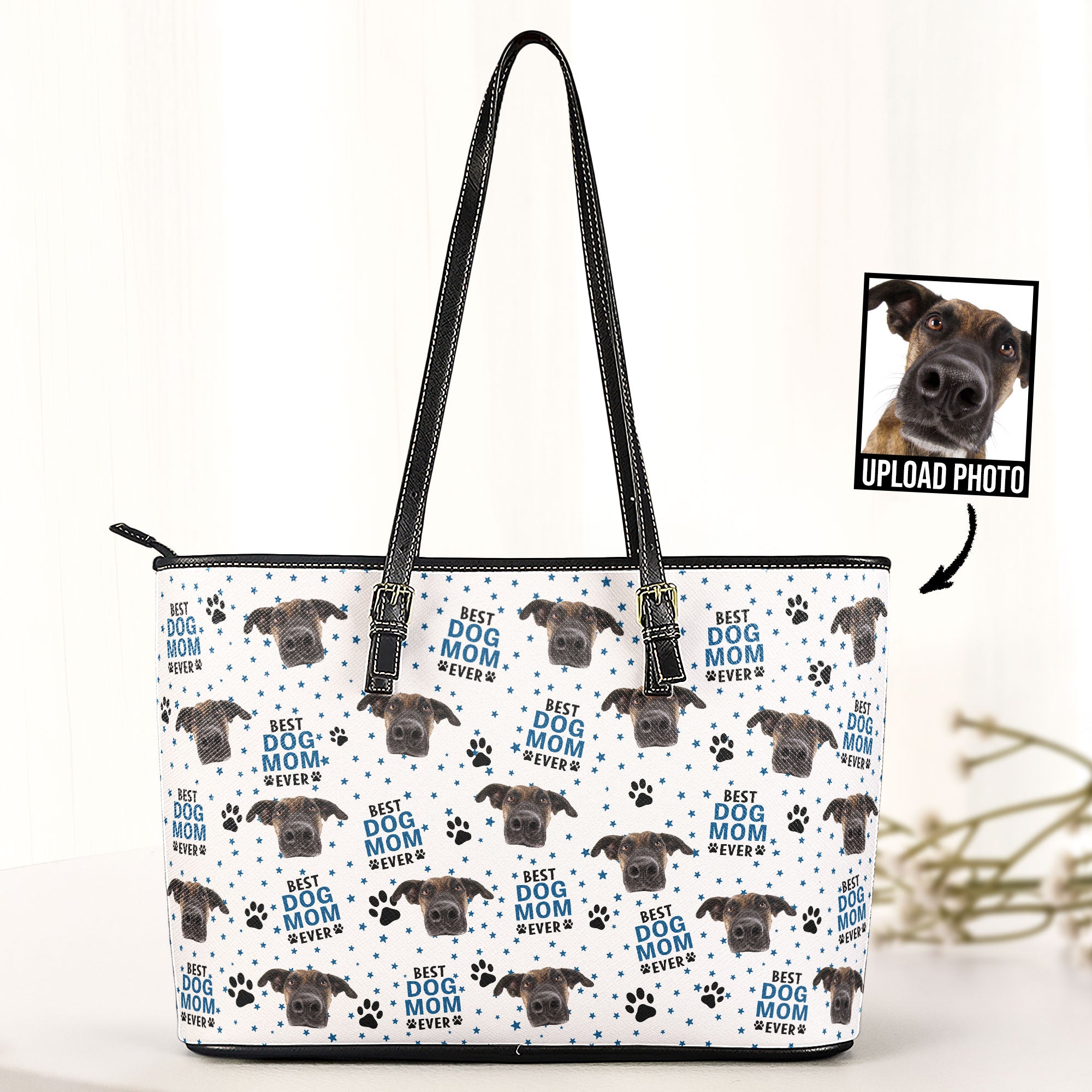 Custom Photo Best Dog Mom Cat Mom - Personalized Leather Tote Bag