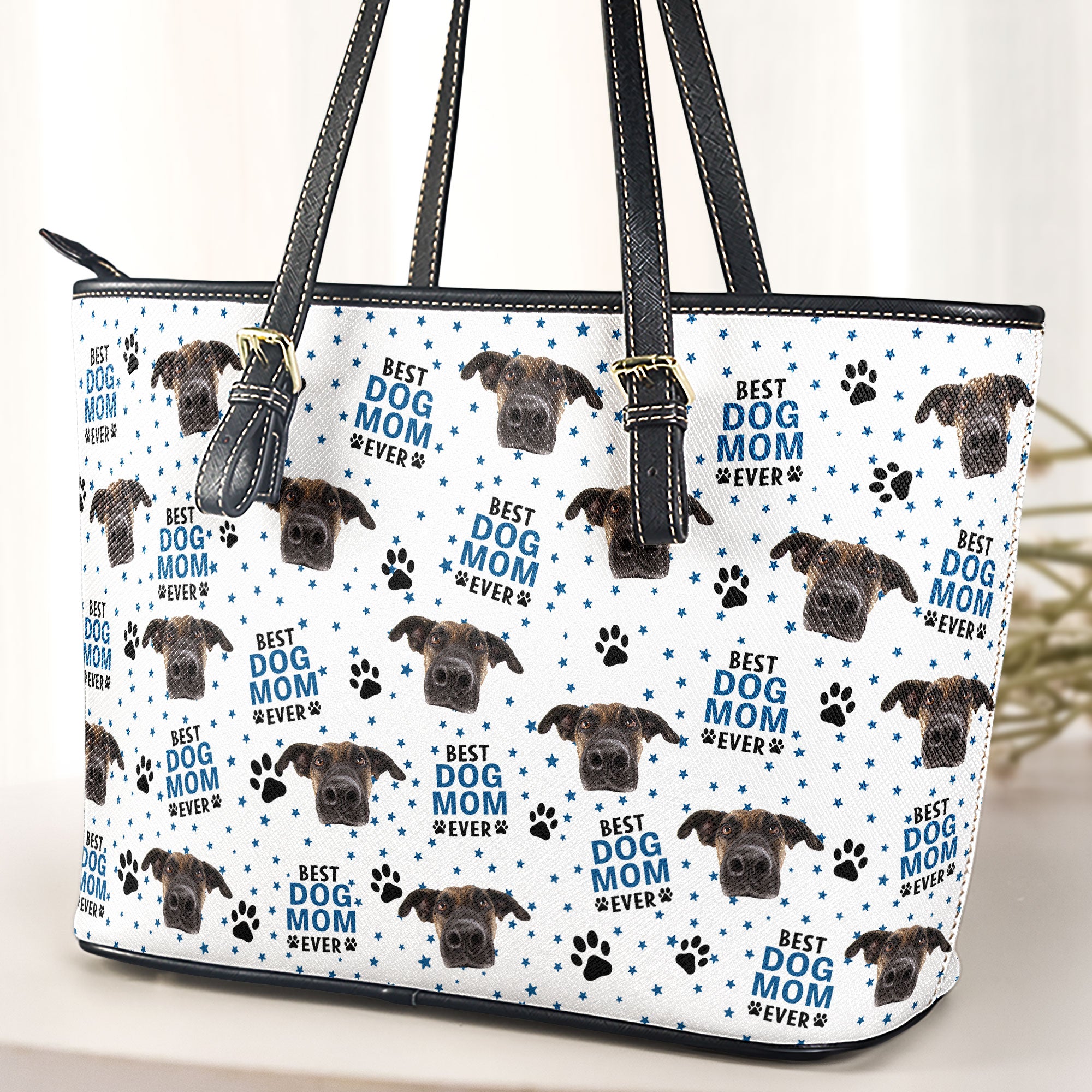 Custom Photo Best Dog Mom Cat Mom - Personalized Leather Tote Bag