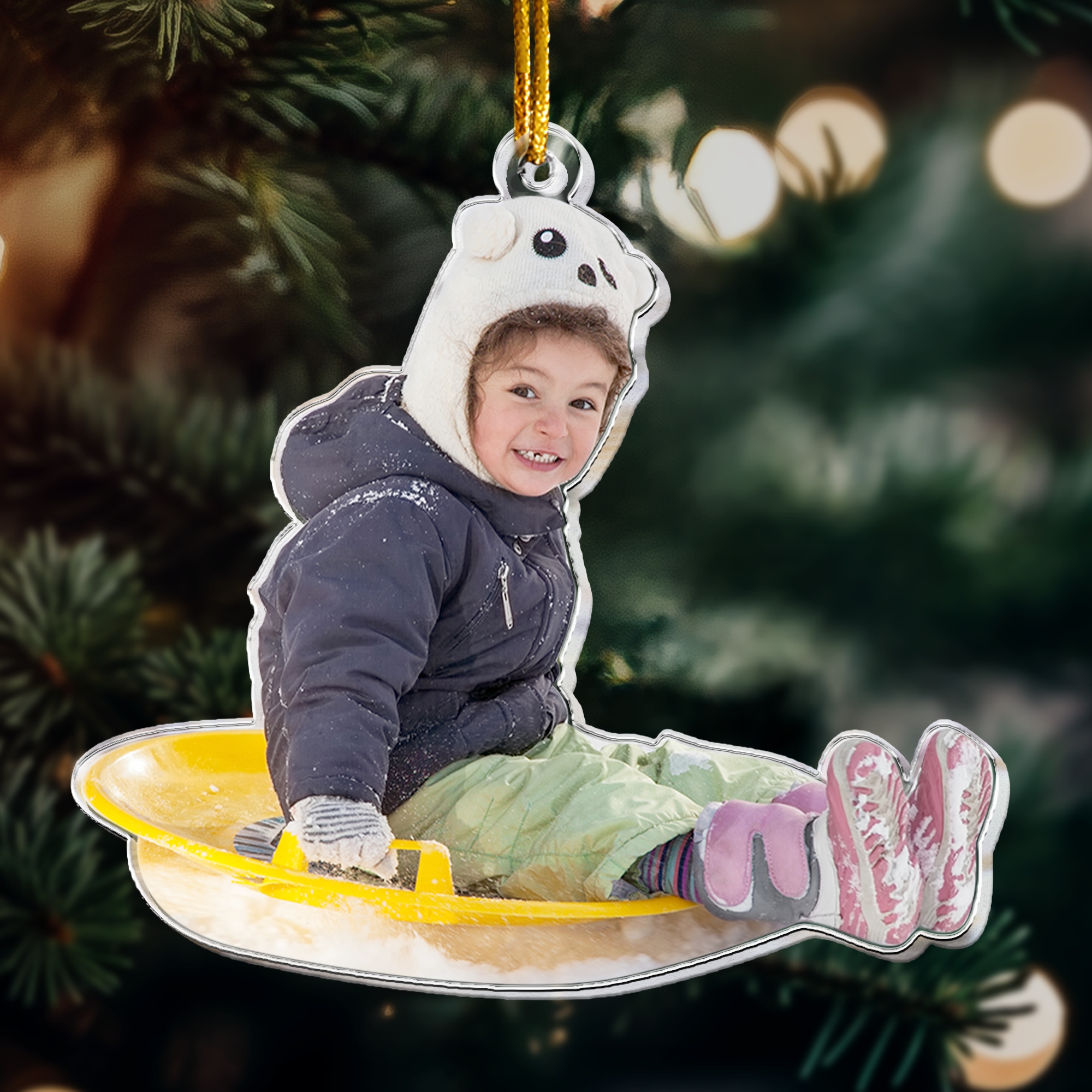 Custom Photo Family, Friends, Kids Sleigh Ride Fun Sled - Personalized Acrylic Photo Ornament