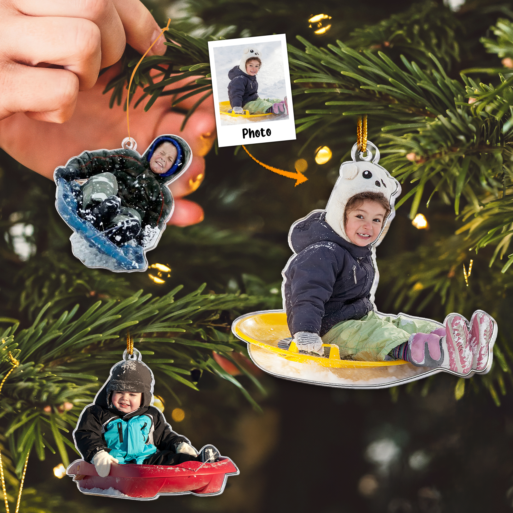 Custom Photo Family, Friends, Kids Sleigh Ride Fun Sled - Personalized Acrylic Photo Ornament