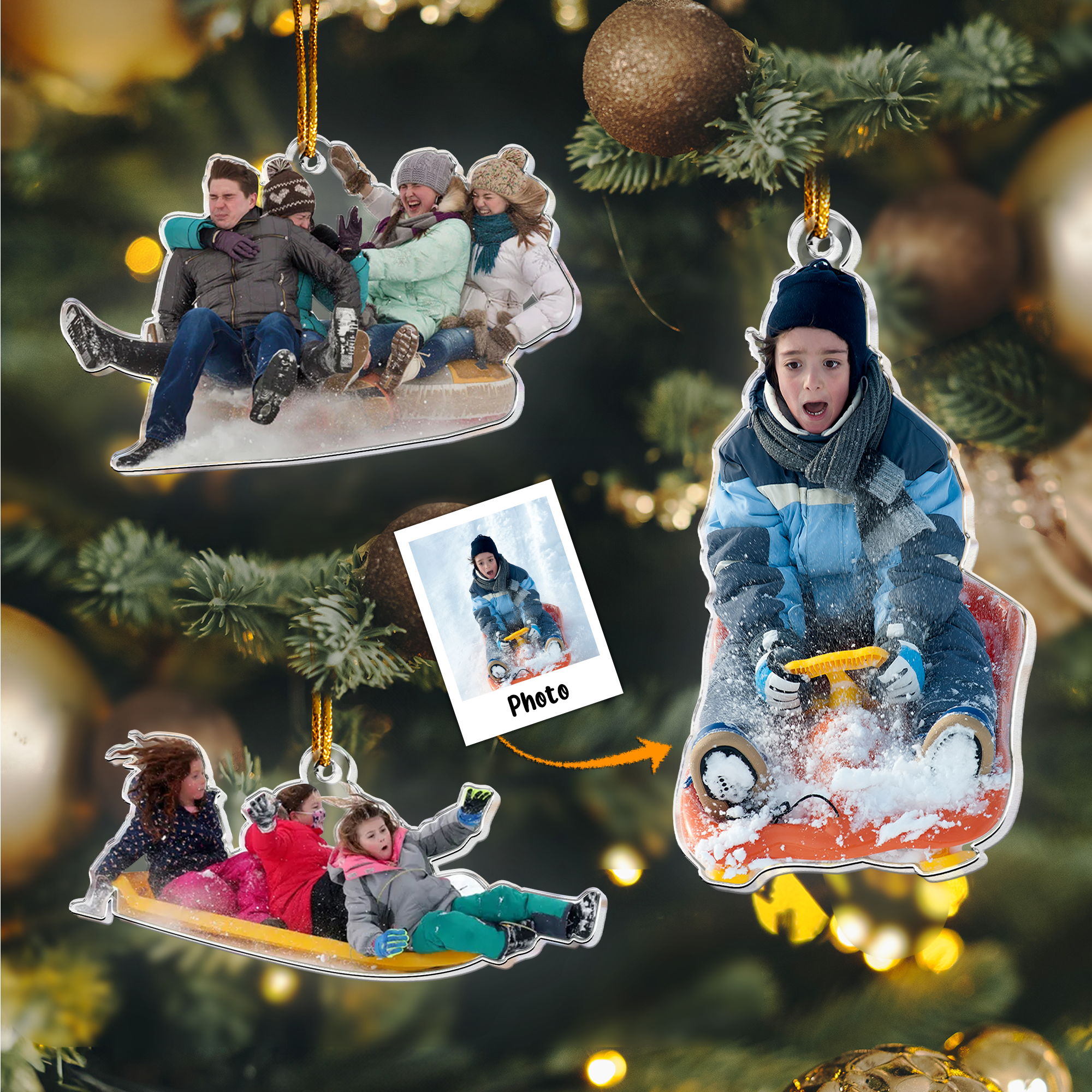 Custom Photo Family, Friends, Kids Sleigh Ride Fun Sled - Personalized Acrylic Photo Ornament