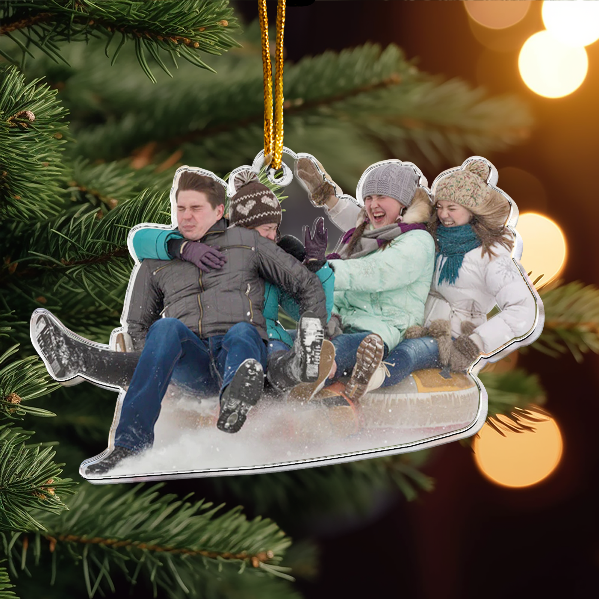 Custom Photo Family, Friends, Kids Sleigh Ride Fun Sled - Personalized Acrylic Photo Ornament