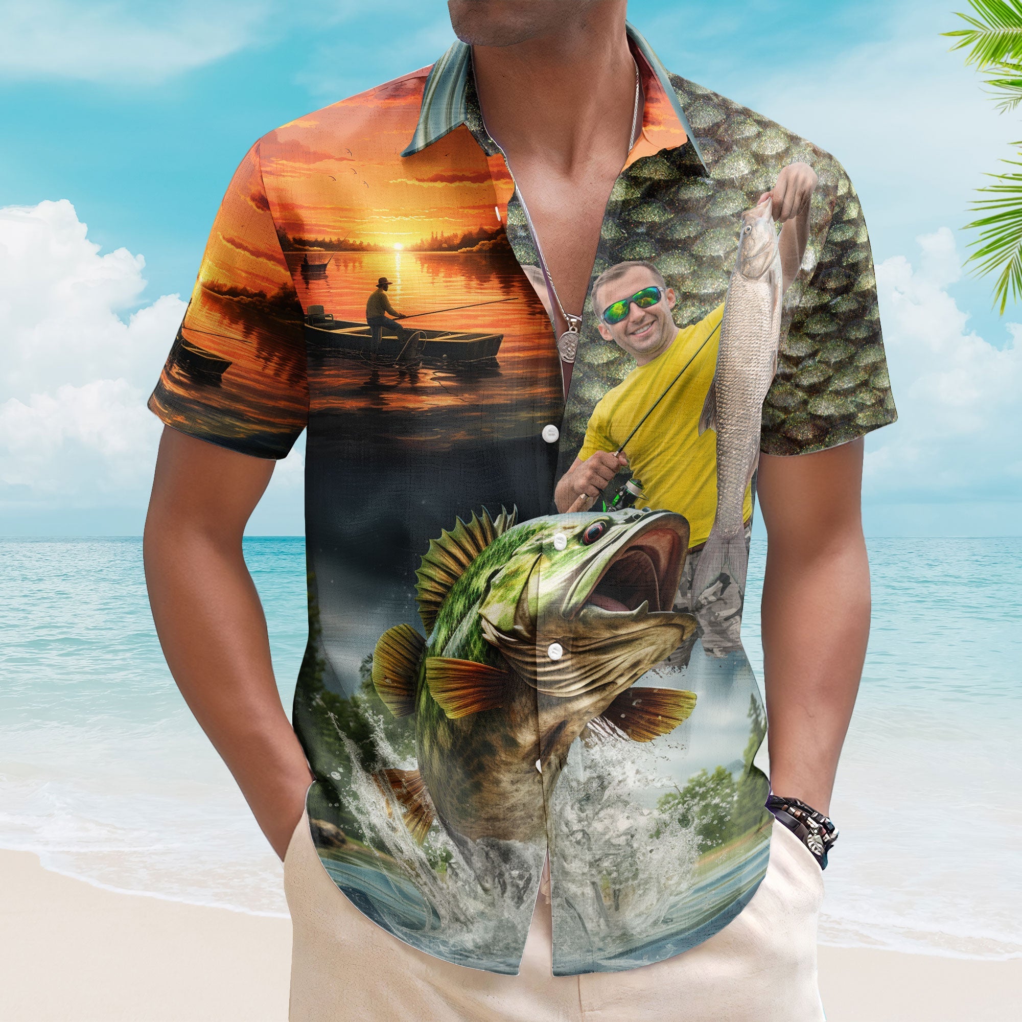 Custom Photo Fishing Bass Fish For Husband - Custom Photo Hawaiian Shirt