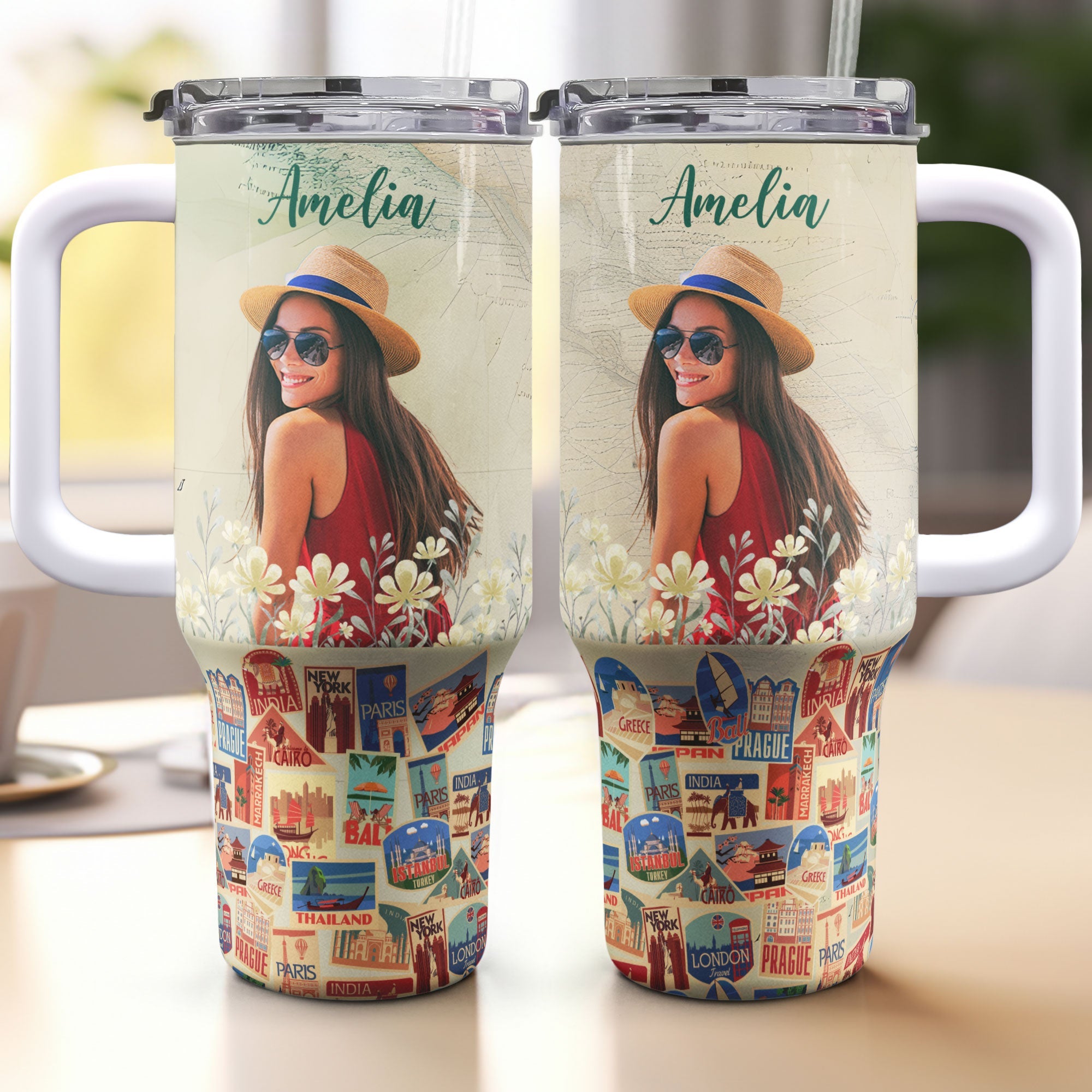 Custom Photo Travel Theme - Personalized Photo 40oz Tumbler With Straw