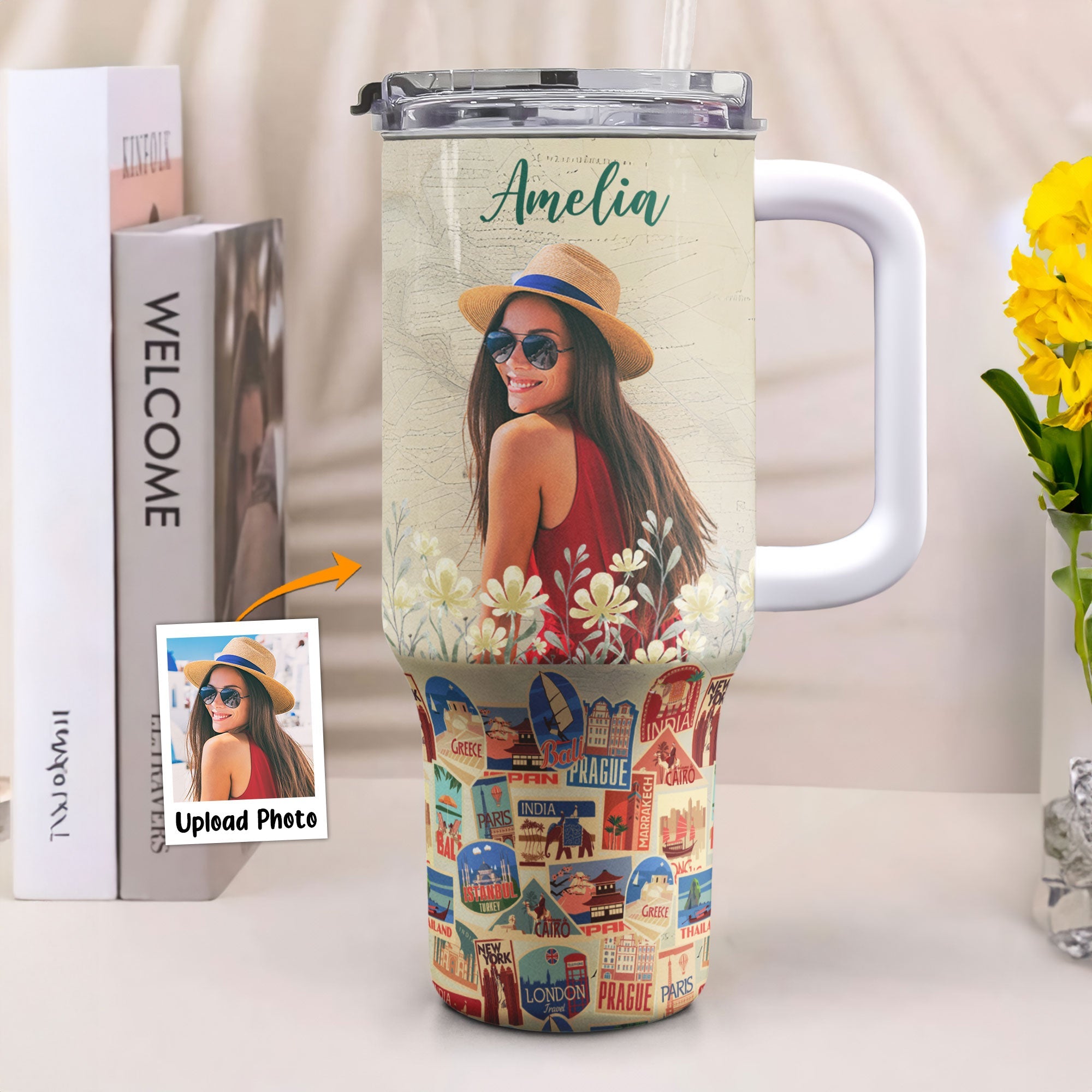 Custom Photo Travel Theme - Personalized Photo 40oz Tumbler With Straw