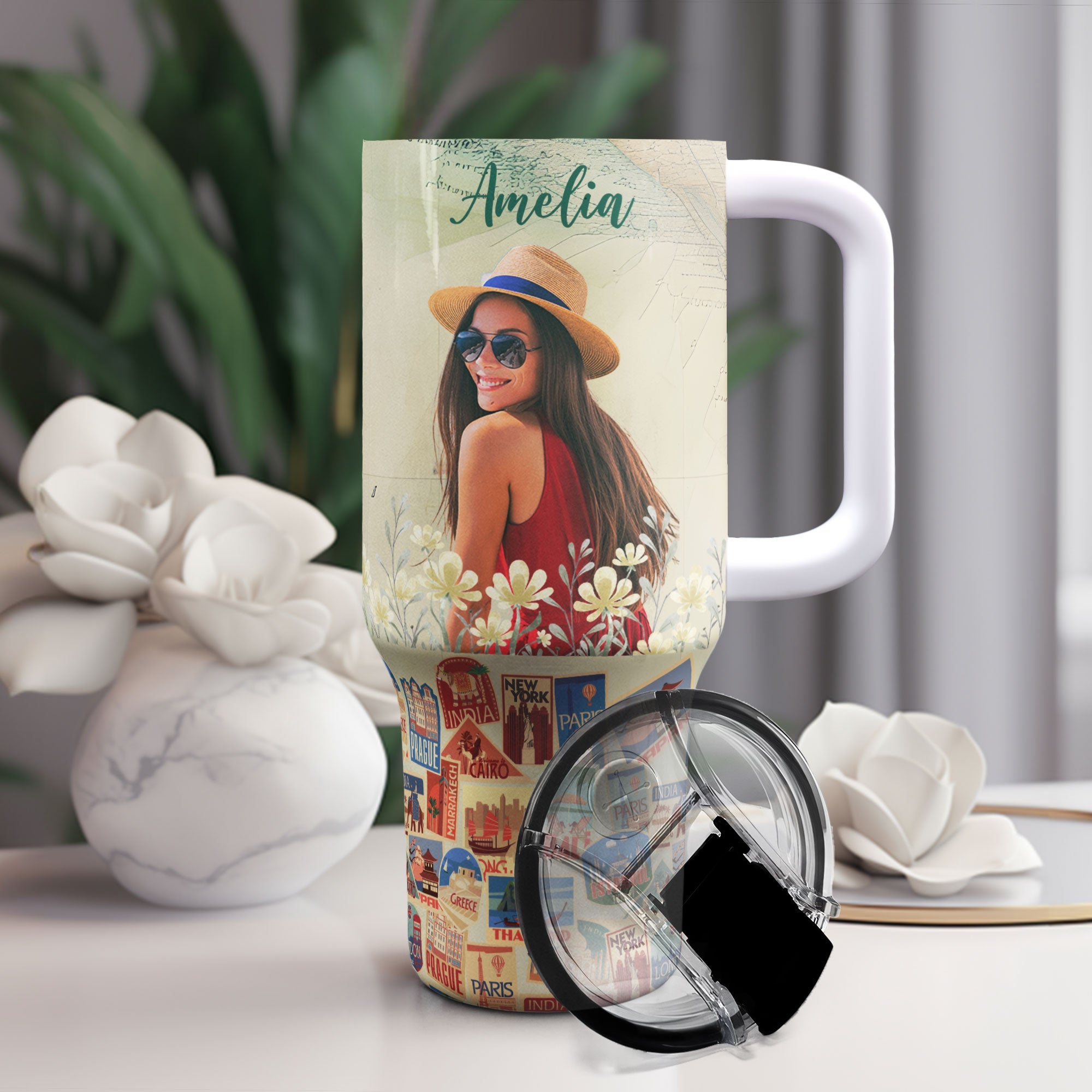 Custom Photo Travel Theme - Personalized Photo 40oz Tumbler With Straw