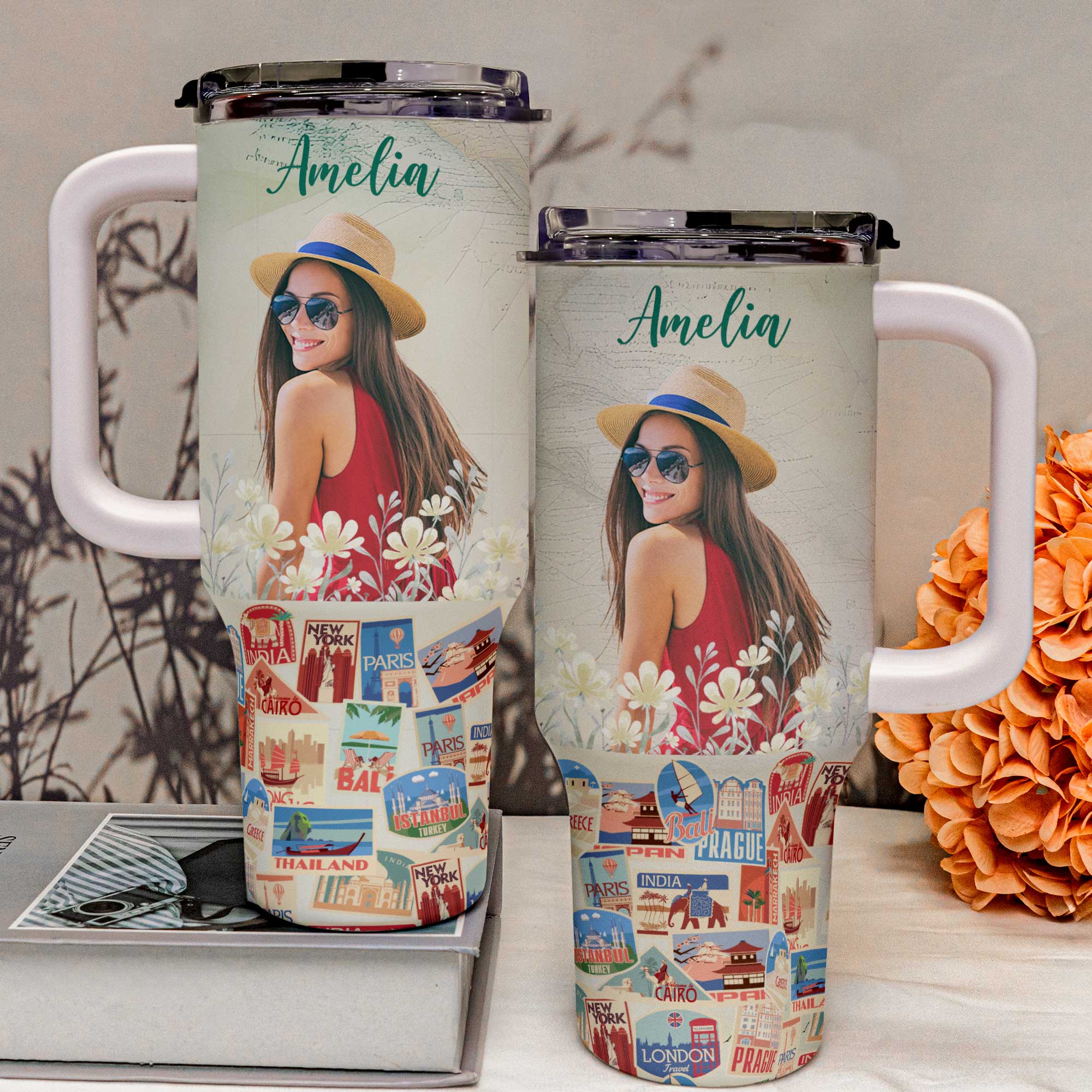 Custom Photo Travel Theme - Personalized Photo 40oz Tumbler With Straw