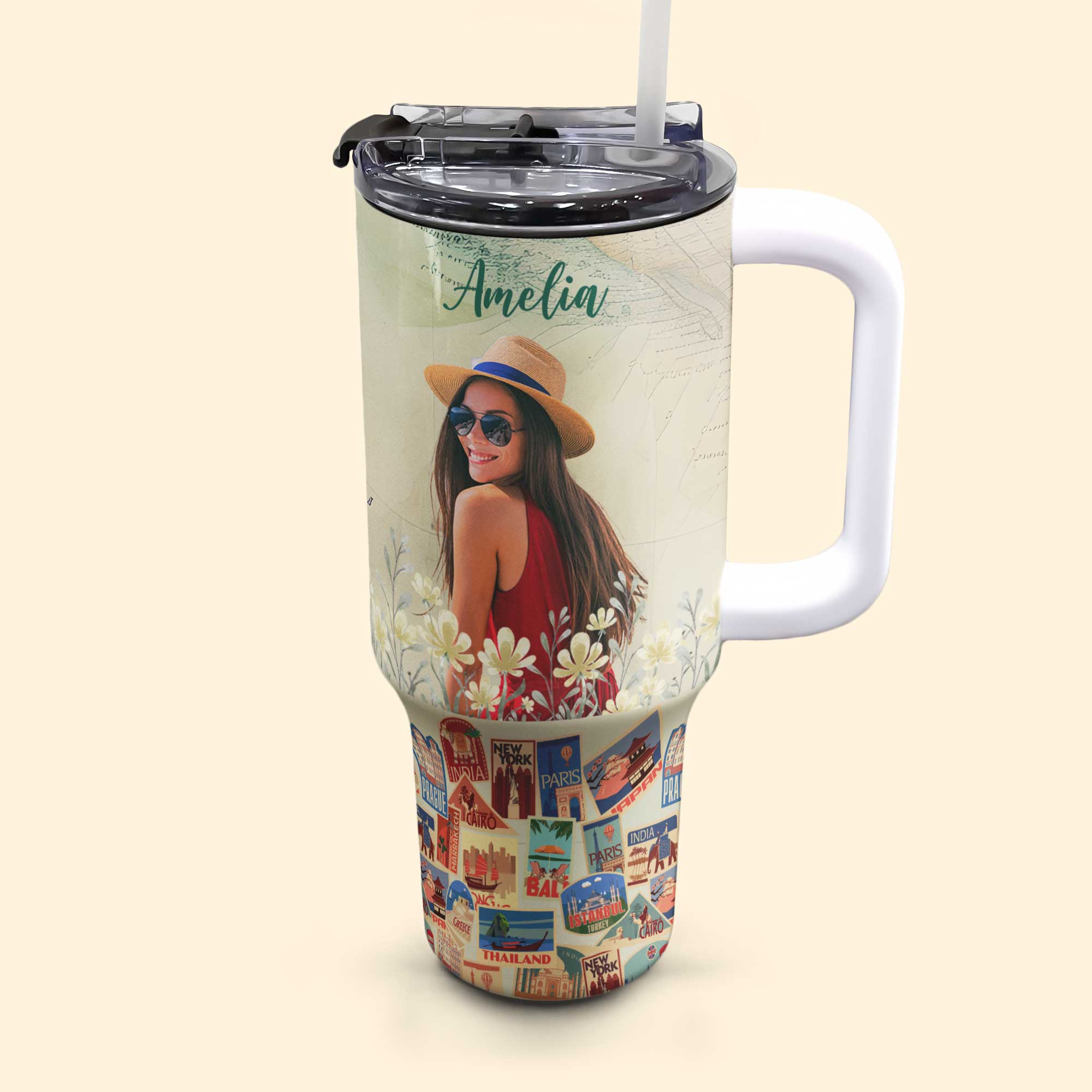 Custom Photo Travel Theme - Personalized Photo 40oz Tumbler With Straw