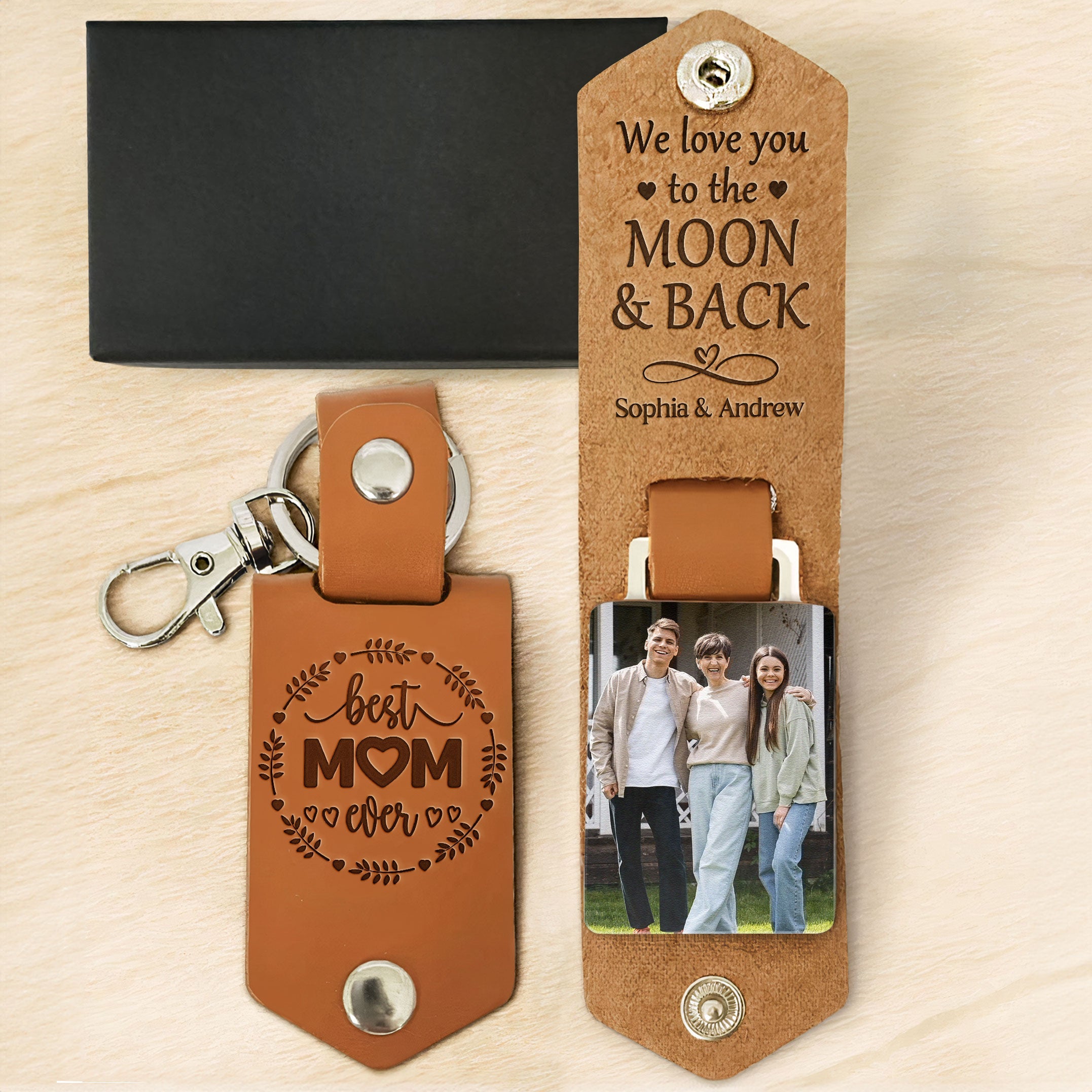 Custom Photo We Love You To The Moon And Back - Personalized Leather Photo Keychain