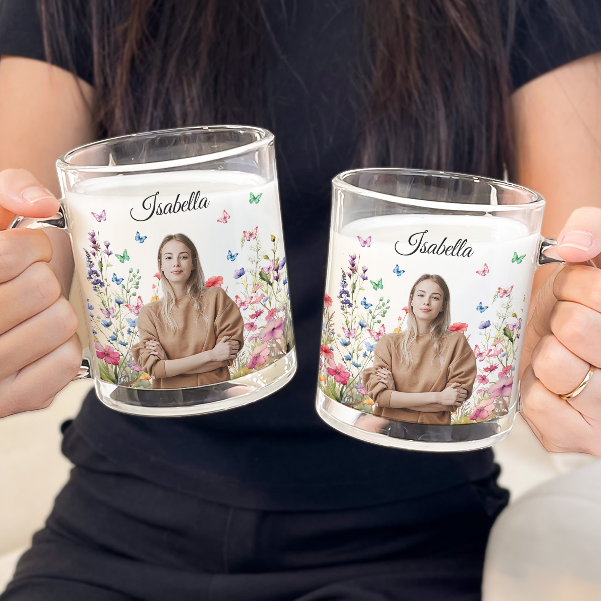 Custom Photo With Flowers - Personalized Photo Glass Mug