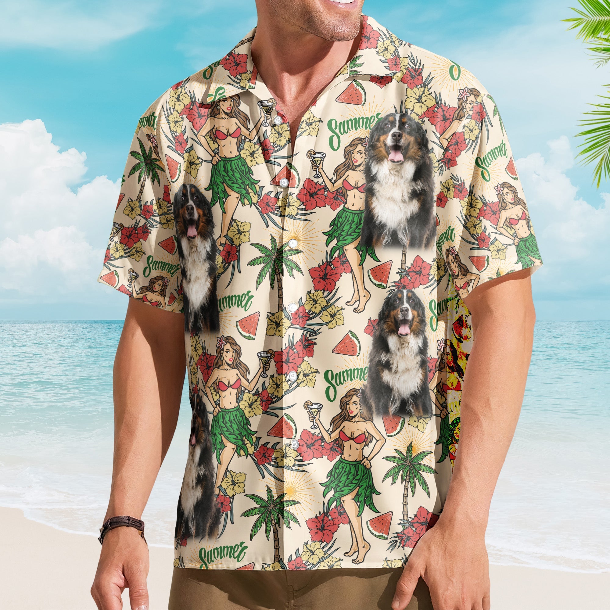 Custom Photo With Hula Girl Tropical Pattern Hawaiian Shirt - Custom Photo Hawaiian Shirts