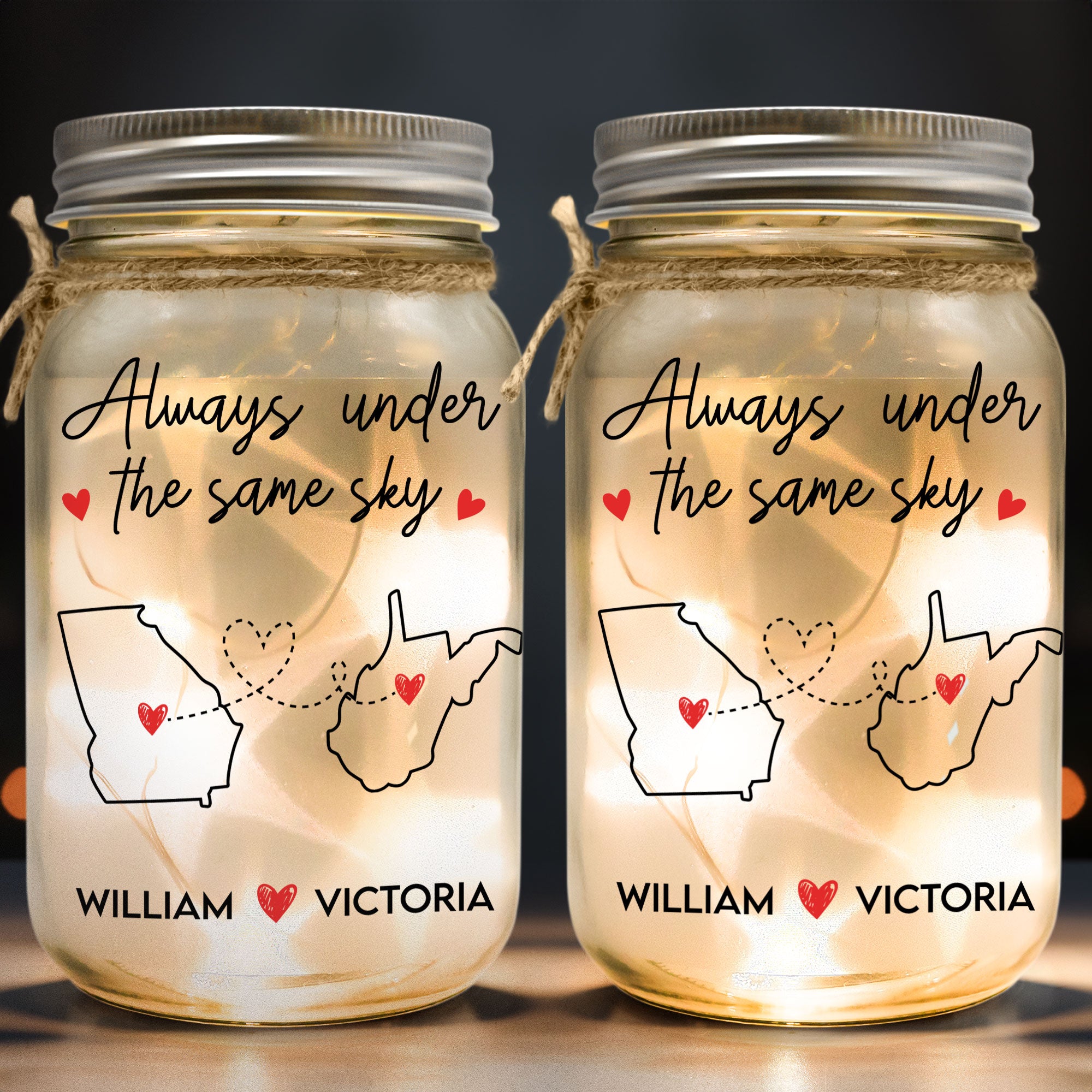 Custom States Always Under The Same Sky - Personalized Mason Jar Light