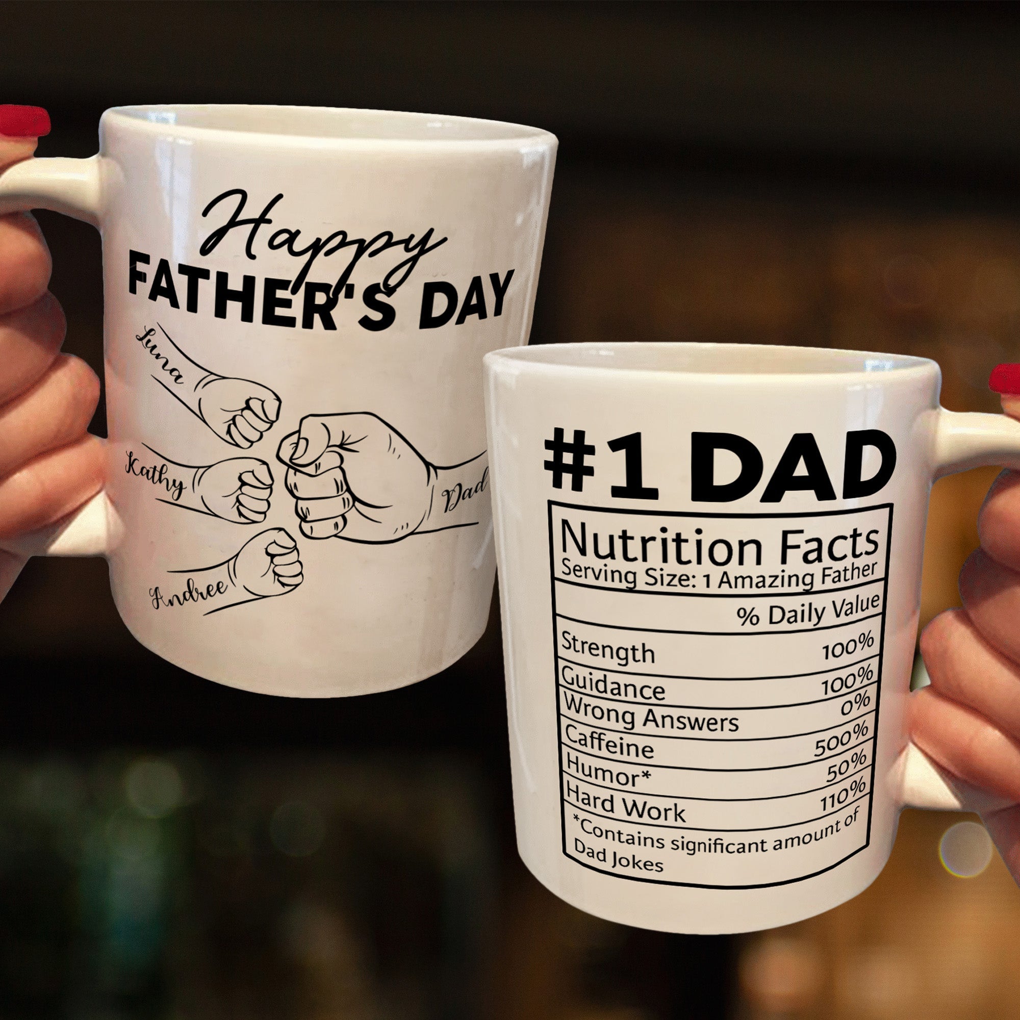 Custom Name Dad Nutrition Facts Hand Bump Happy Father's Day - Personalized Mug