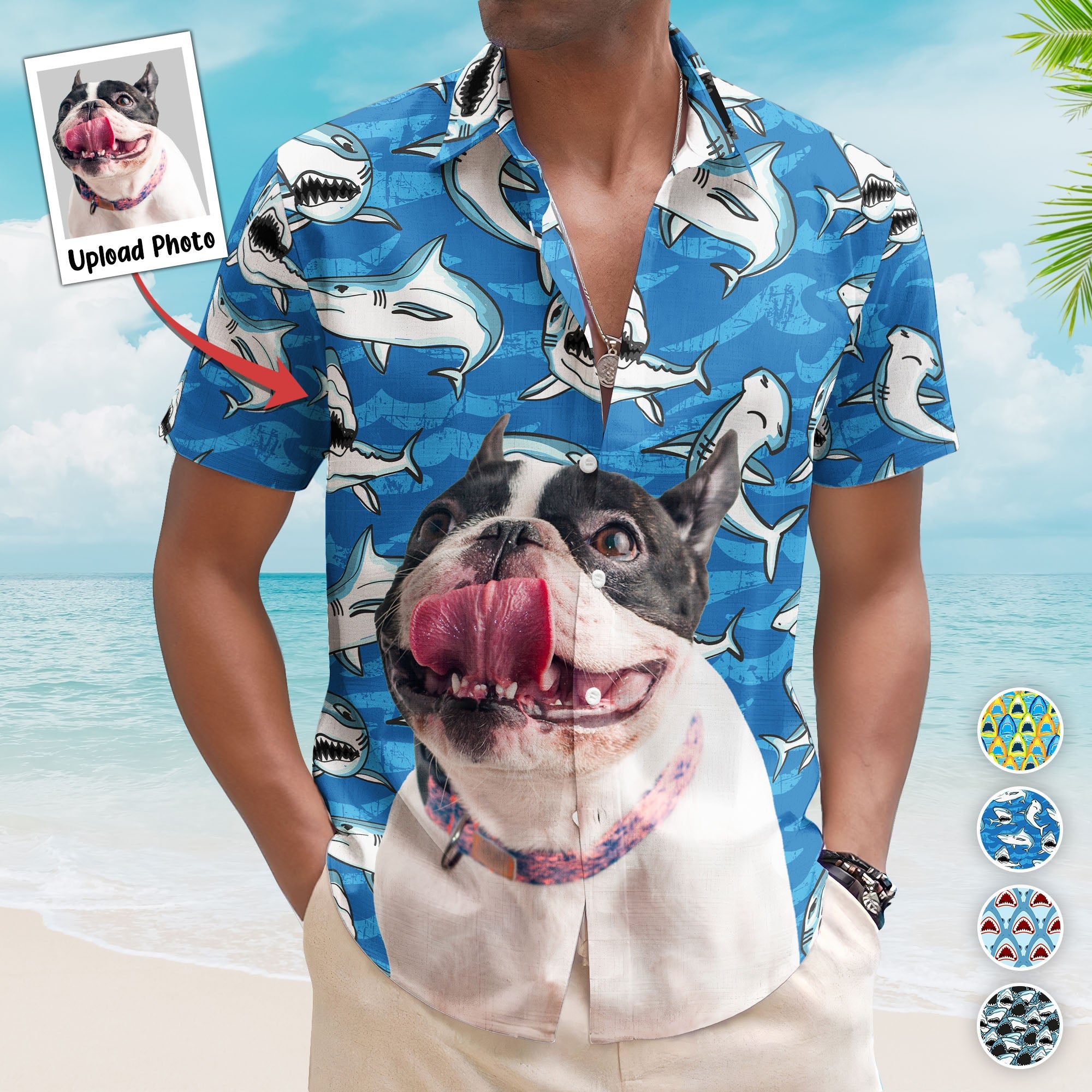 Customize Big Funny Photo With Sharks Pattern - Custom Photo Hawaiian Shirts