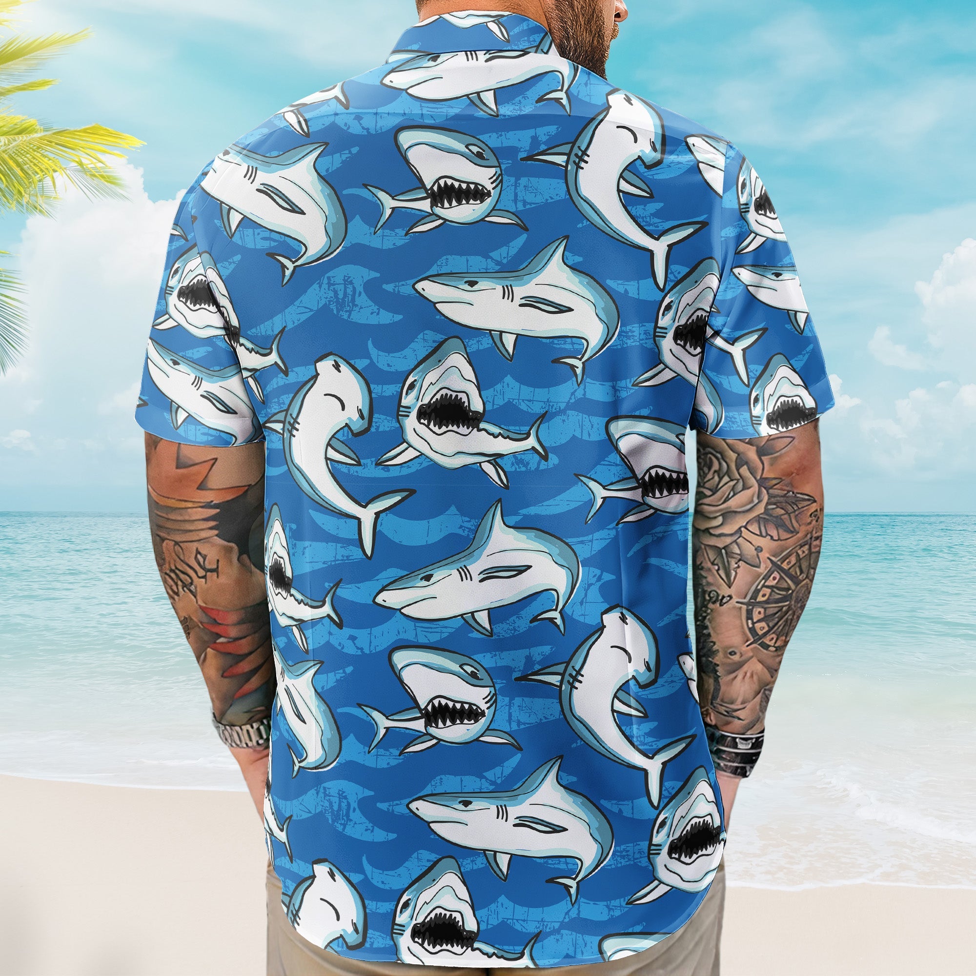 Customize Big Funny Photo With Sharks Pattern - Custom Photo Hawaiian Shirts