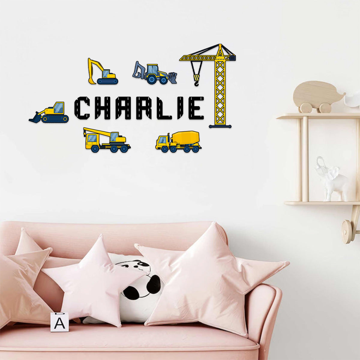 Customizing Kid Name With Construction Trucks Wall Decals - Personalized Decal