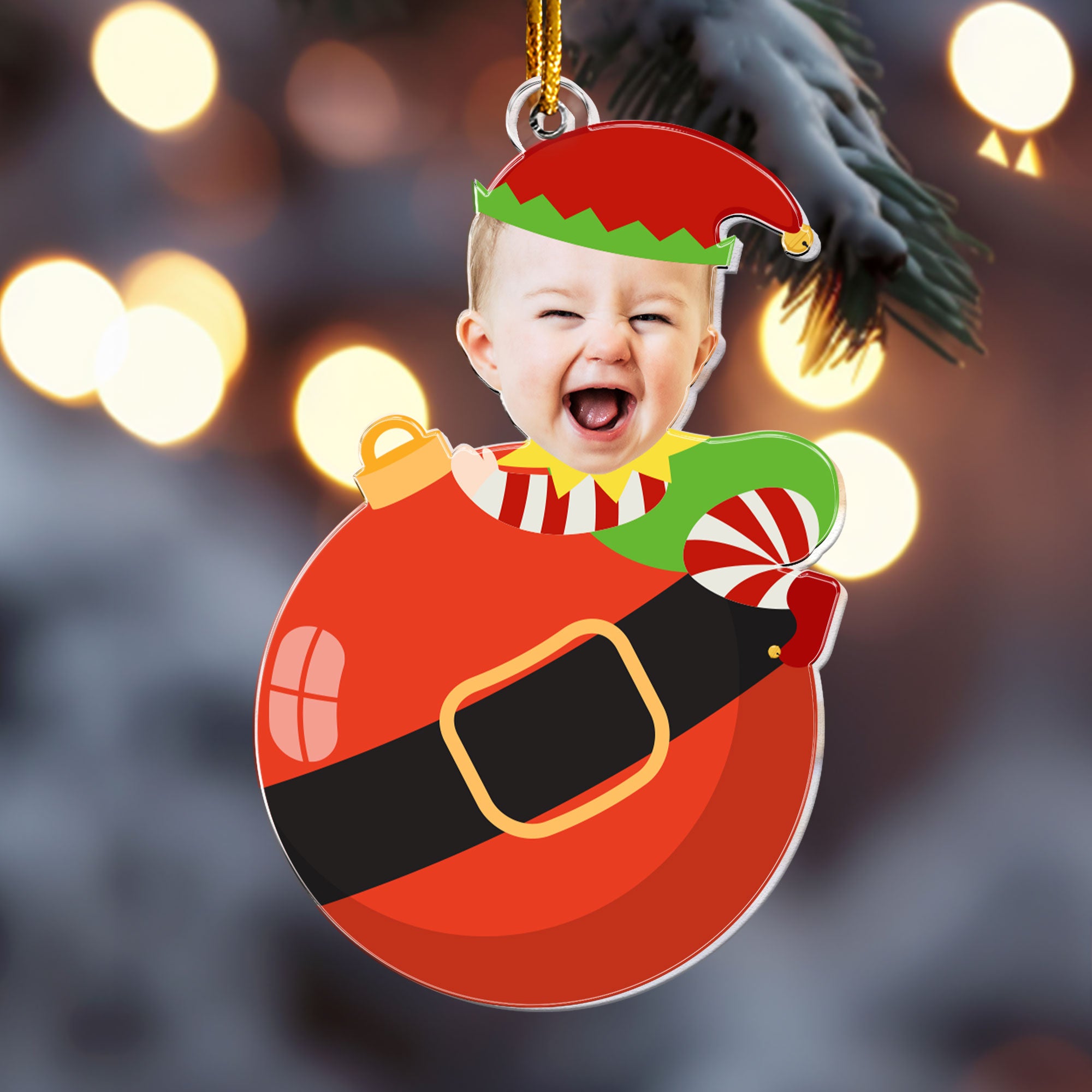 Cute Baby Elf Christmas - Personalized Babys Photo First Christmas Ornament