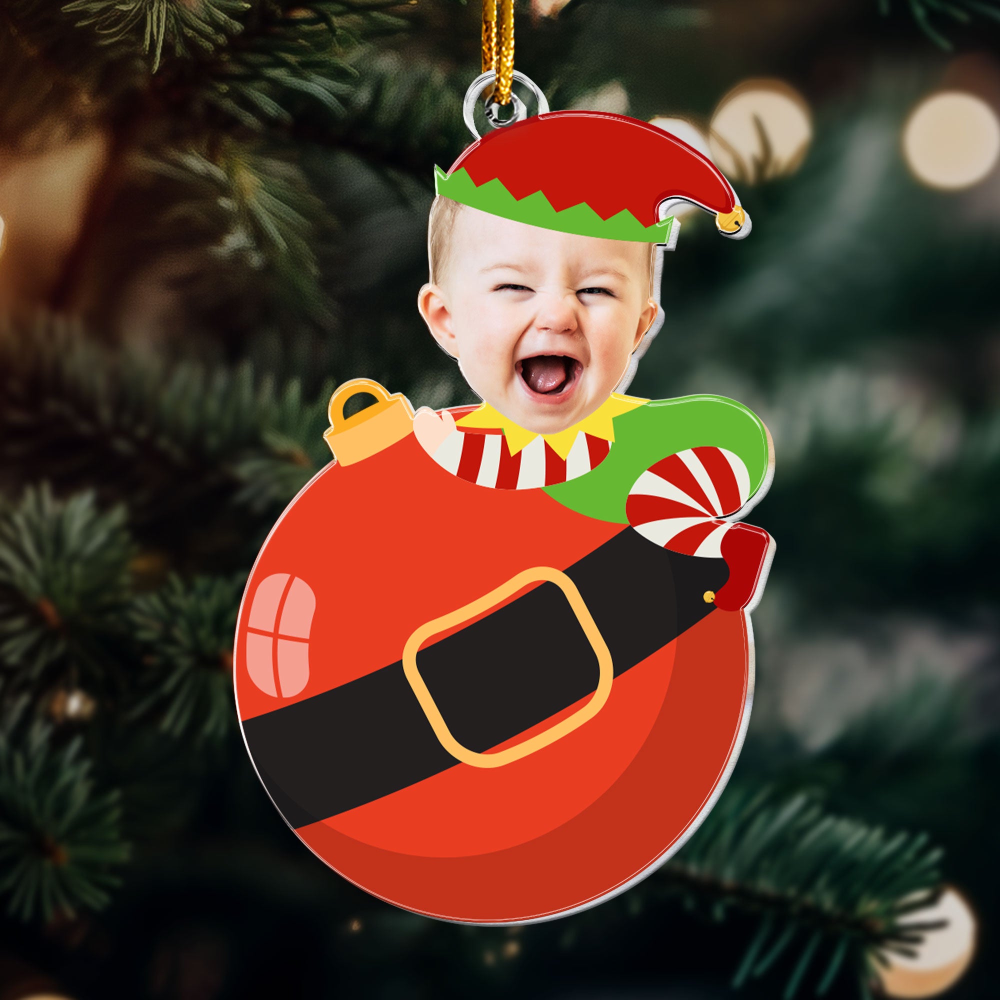 Cute Baby Elf Christmas - Personalized Babys Photo First Christmas Ornament