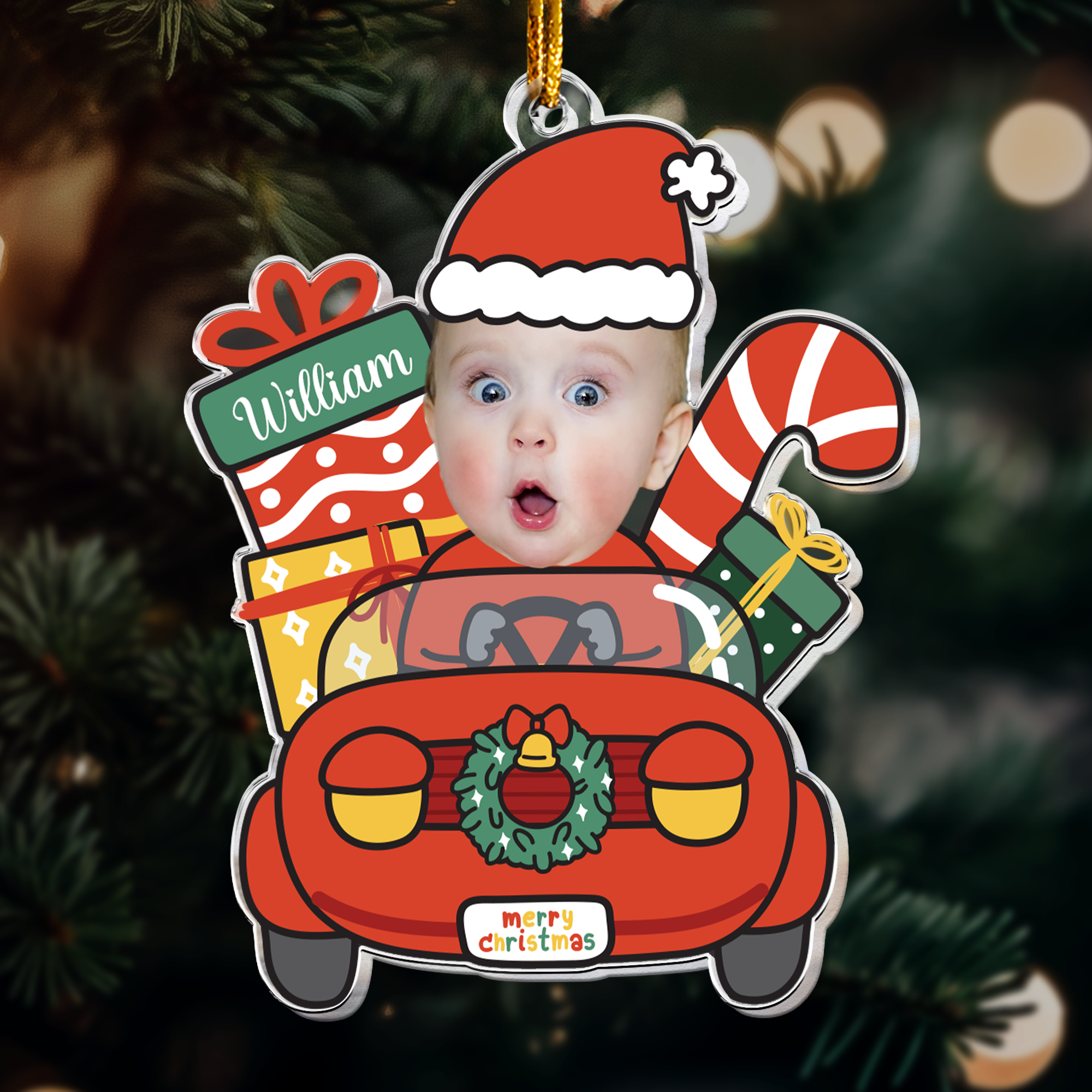 Cute Baby Santa Claus Drive Christmas Car - Personalized Acrylic Photo Ornament